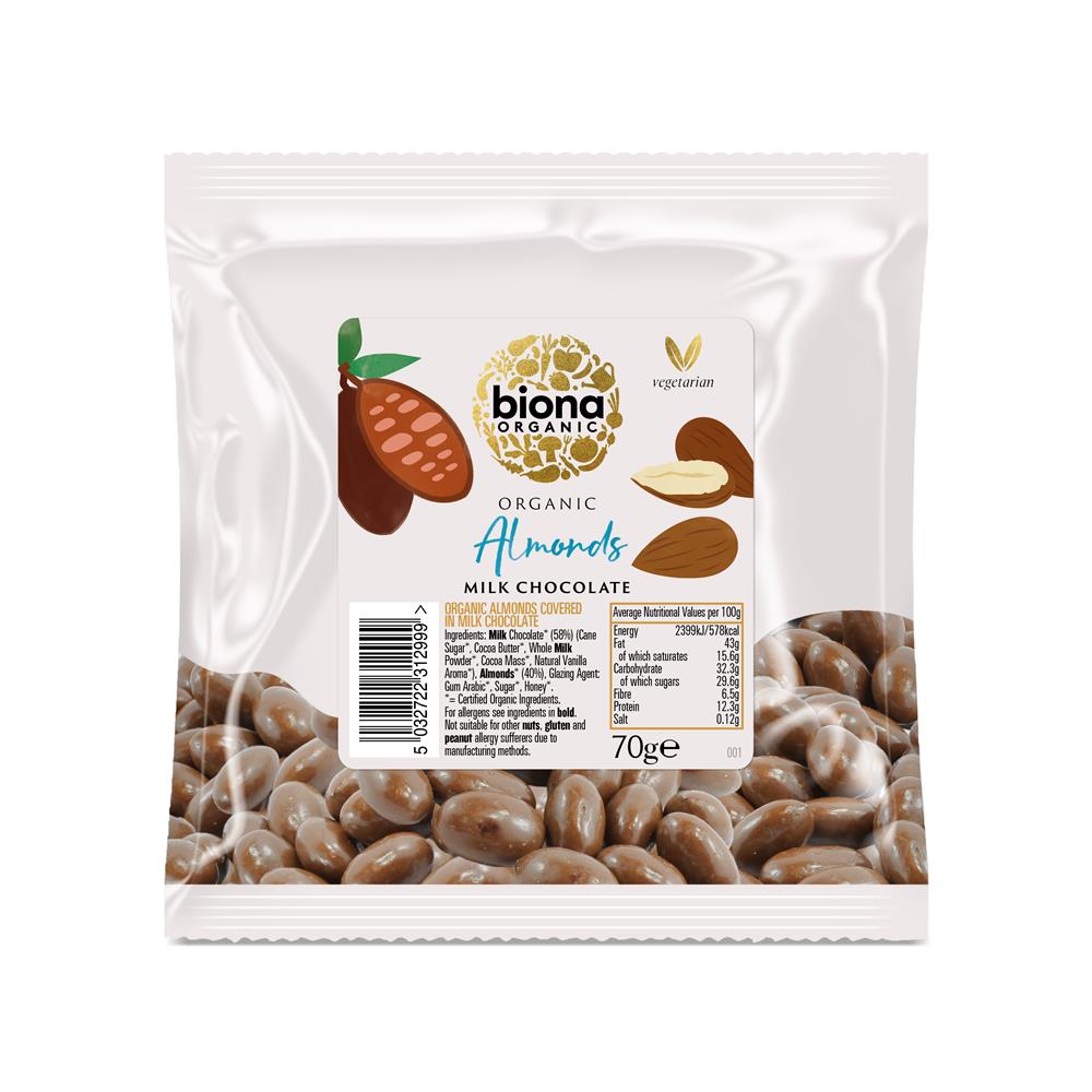 Biona Organic Milk Chocolate Covered Almonds 70g - Healthy Snack for Office, Travel & Gifting