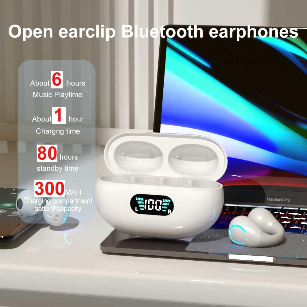 Obbug Clip-On Open Ear Wireless Bluetooth 5.3 Headphones - 80H Playtime with Charging Case, IPX4 Waterproof Sports Earbuds with Earhooks for Running, Walking, Gym Workouts - Perfect for Outdoor Activities & Office Use (White)