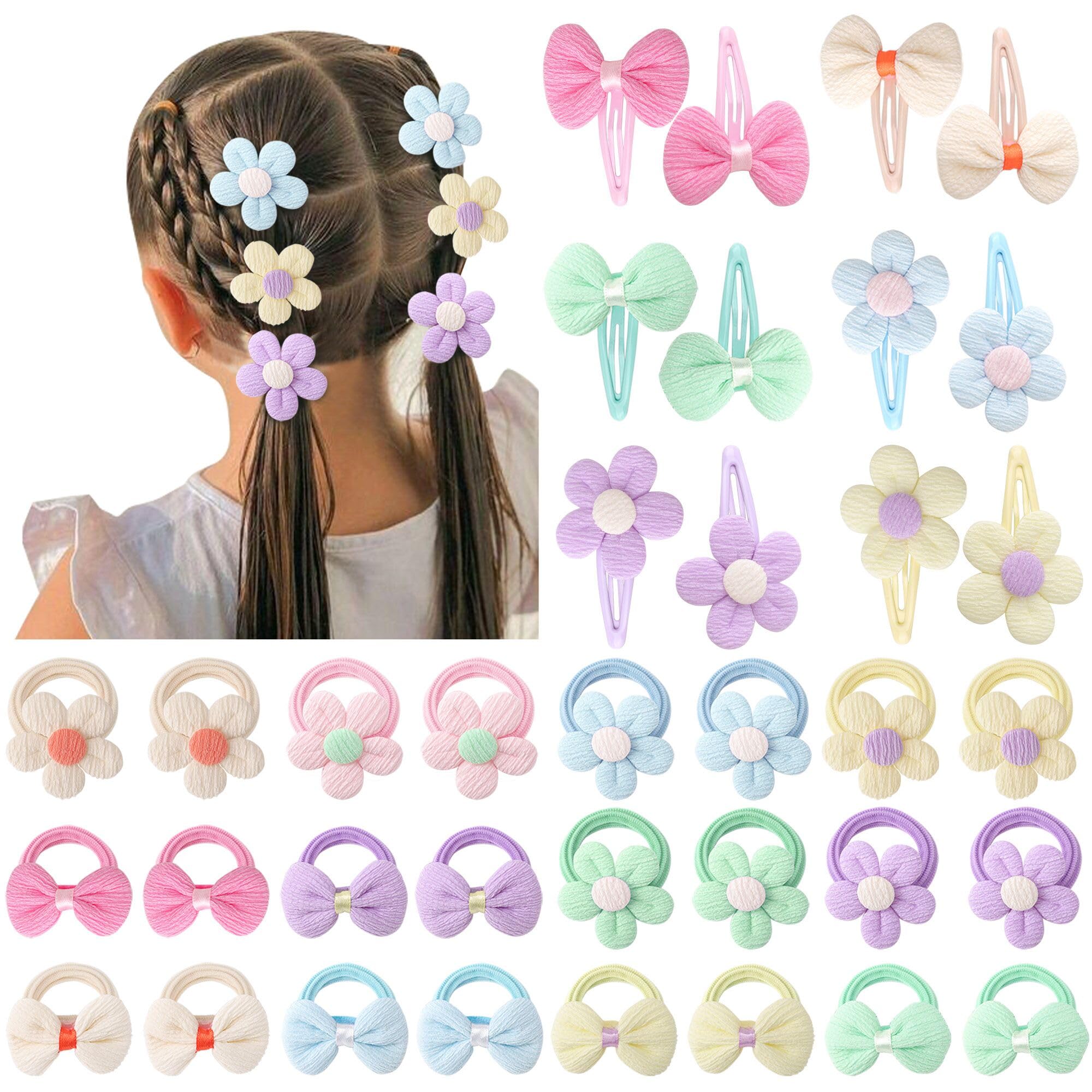 36 Pcs Cute Toddler Hair Clips & Bows Set - Colorful Flower Hair Ties & Snap Clips for Baby Girls - Perfect for Parties, School, and Daily Hair Styling
