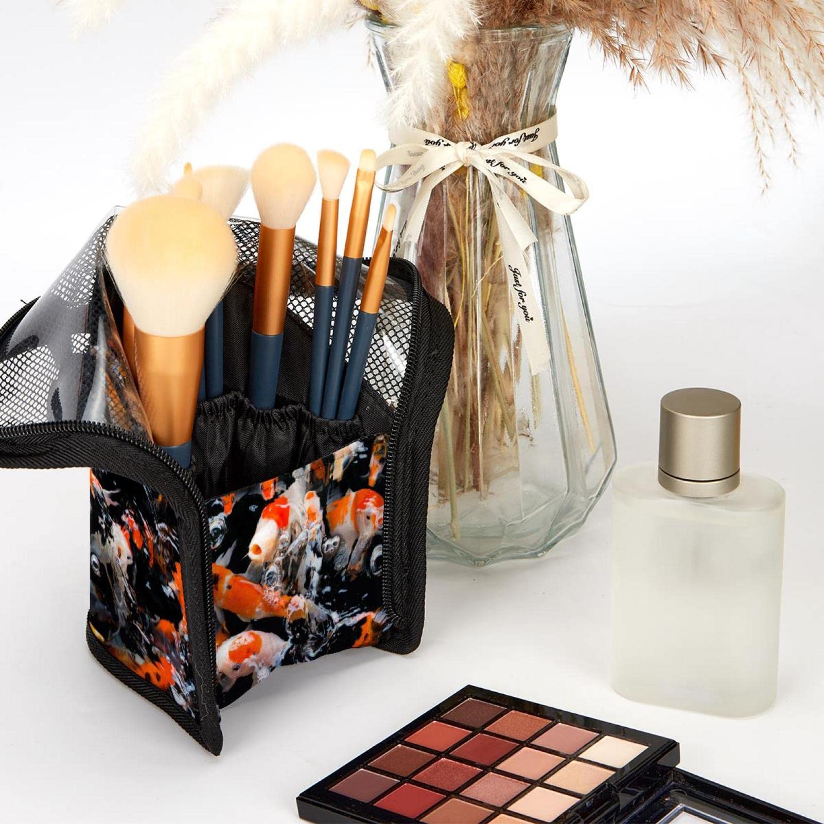 Japanese Koi Fish Makeup Brush Organizer Bag with 12 Slots - Portable Waterproof Cosmetic Brush Holder Case for Travel, Home Vanity & Professional Makeup Artists