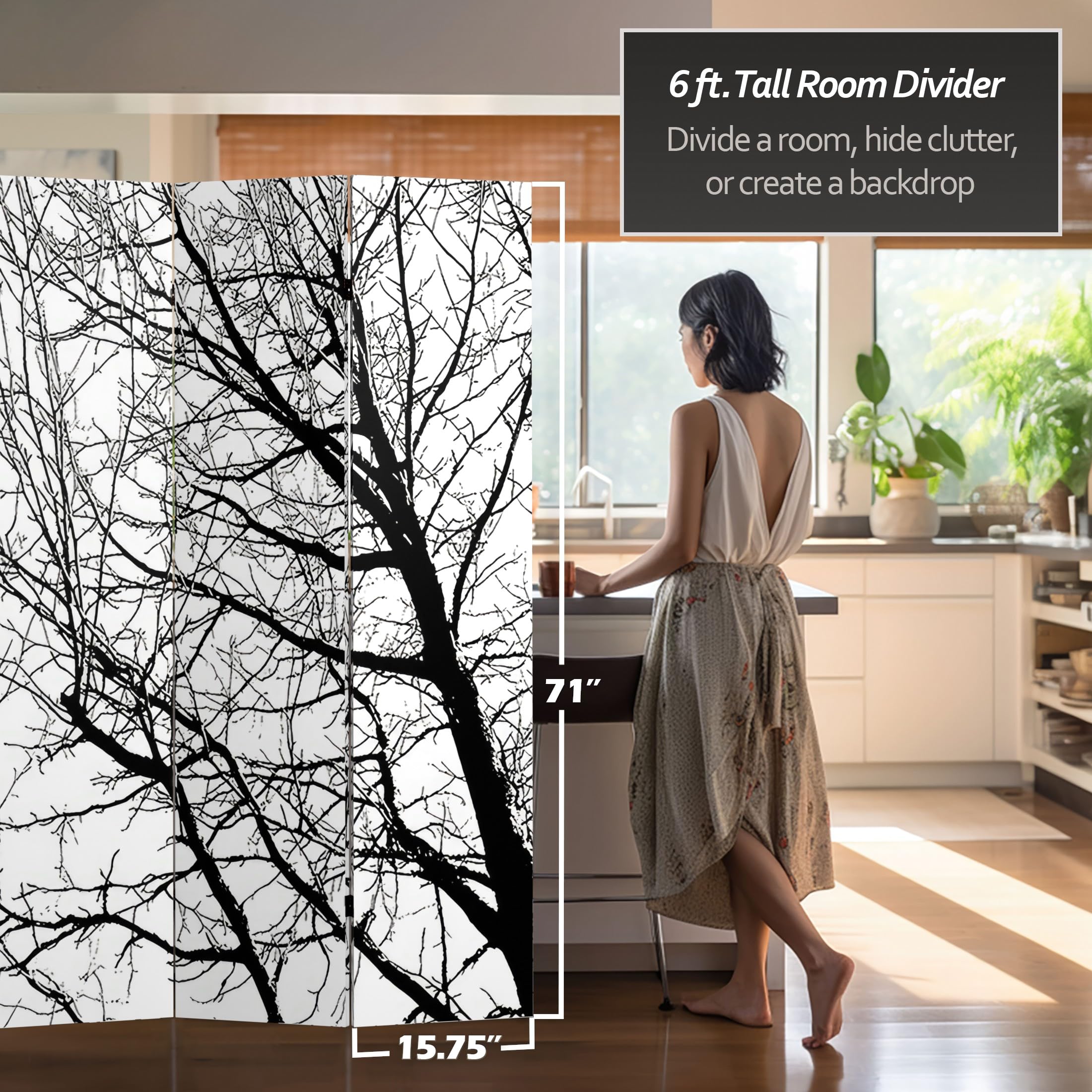 6 ft. Tall Double Sided Wooden Room Divider with Black & White Tree Design - Woodland Symphony Red Lantern Screen for Home Decor, Office Partition & Event Backdrop