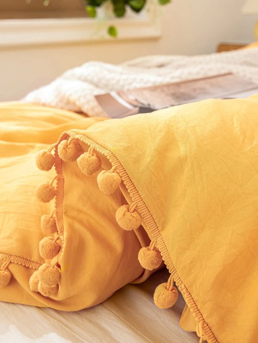 Bright Yellow Pom Pom Cotton Duvet Cover with Button Closure - Soft Bedding Set for Twin, Full, Queen & King Size Beds - Cozy Home Decor for Kids' Rooms, Guest Bedrooms & Dorm Essentials