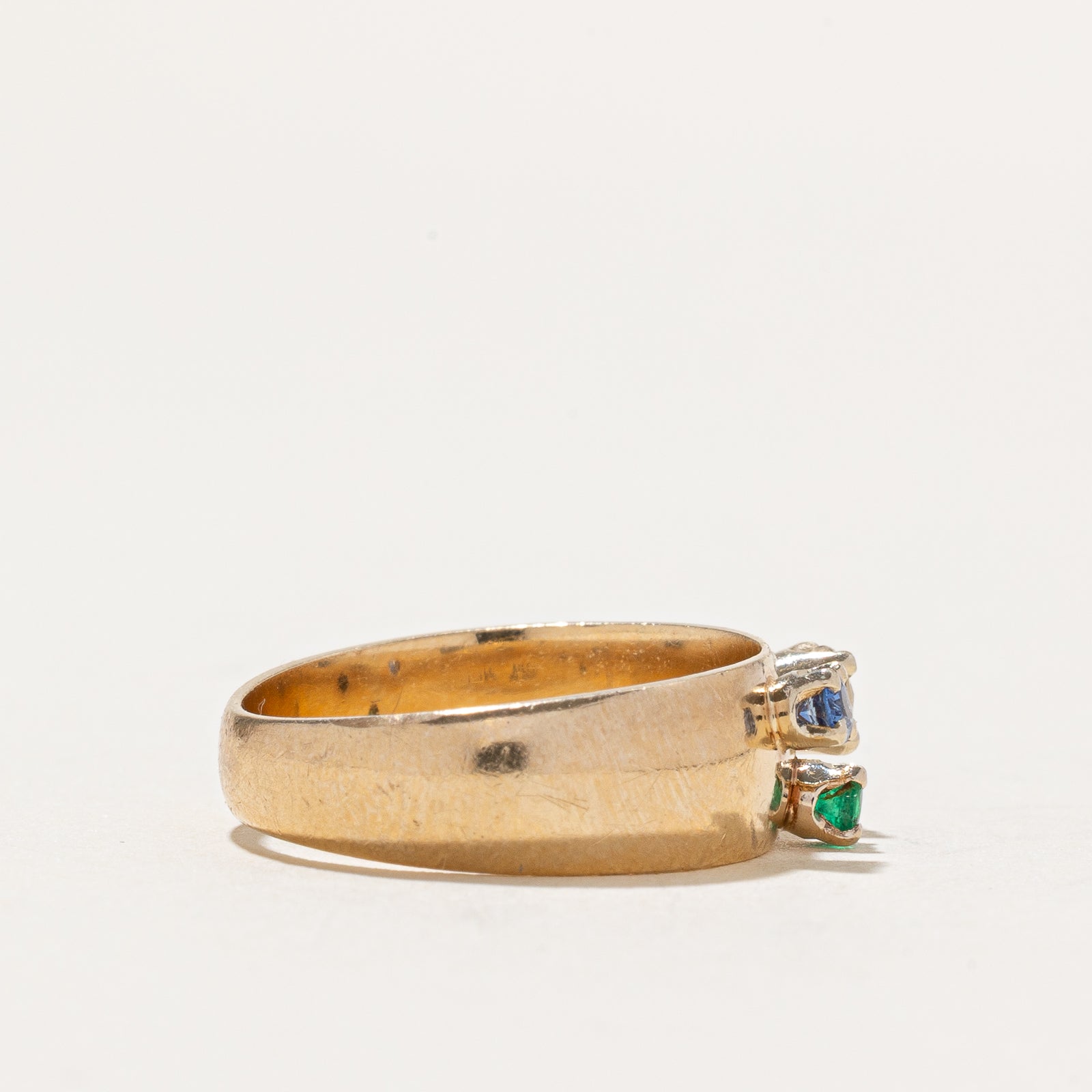 Three Stone Diamond, Sapphire & Emerald Ring | 0.14ct Diamond with 0.10ctw Sapphire & Emerald | Size 5.75 | Elegant Wedding Band, Anniversary Gift for Her, Perfect for Engagement & Special Occasions