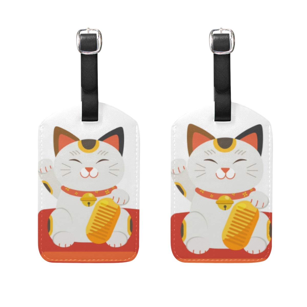 2 Pack Japanese Lucky Cat Luggage Tags - PU Leather Maneki Neko ID Tags with Privacy Cover for Suitcases, Travel Bags & Backpacks - Perfect for Air Travel, Business Trips & Vacation Identification