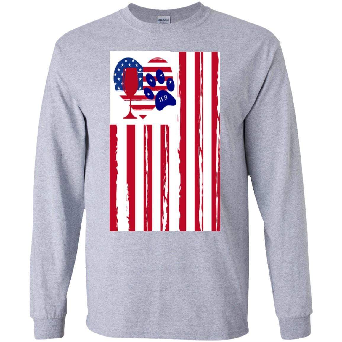 WineyBitches.Co Patriotic American Flag Wine Paw Heart Long Sleeve Ultra Soft Cotton T-Shirt for Women | Perfect for Wine Lovers, 4th of July & Pet-Themed Parties