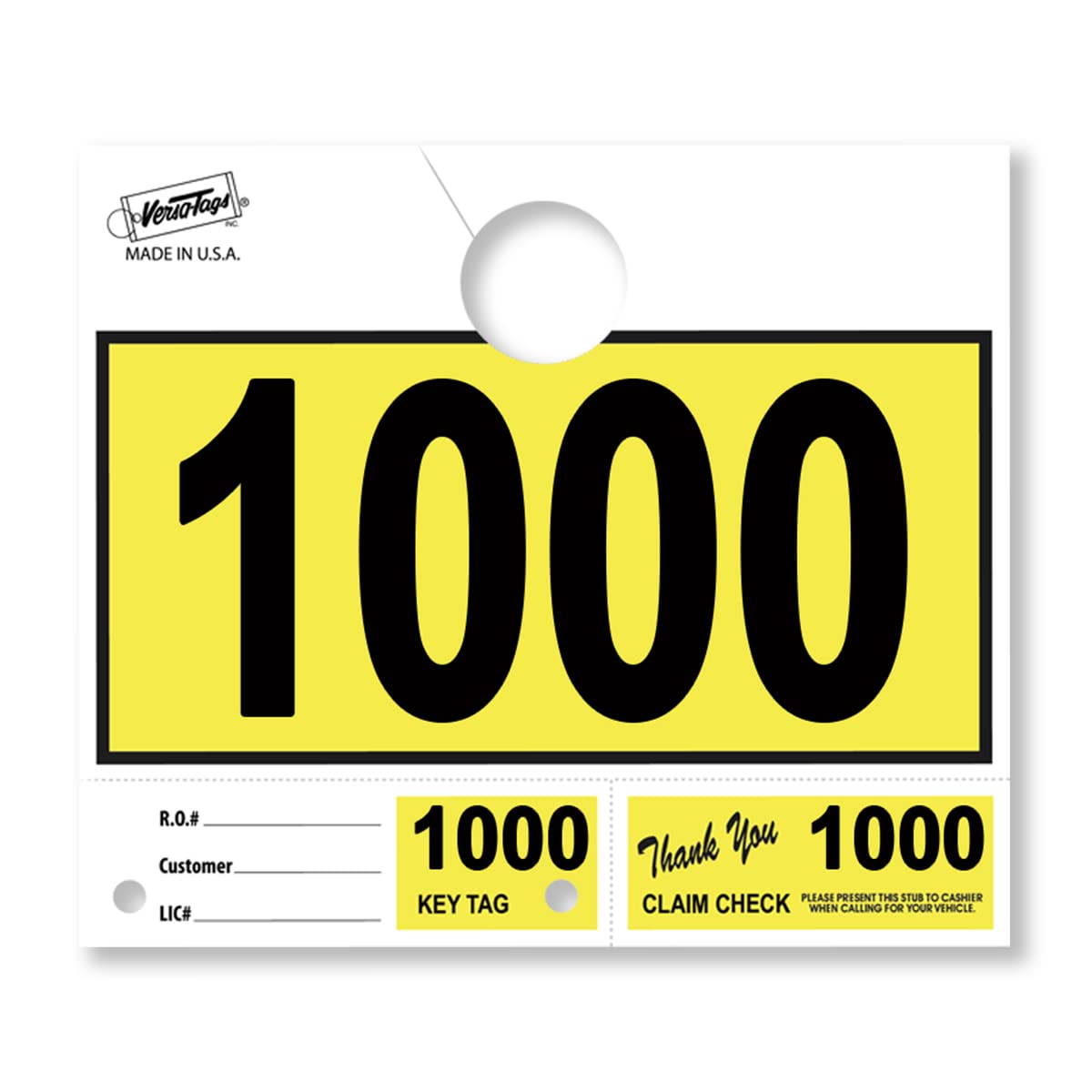 Versa-Tags 1000 Yellow Car Dealer Service Hang Tags with 3-Part Key Ring - Mechanic Repair Shop Dispatch Numbers (1000-1999) | Perfect for Auto Service Departments & Vehicle Maintenance Tracking