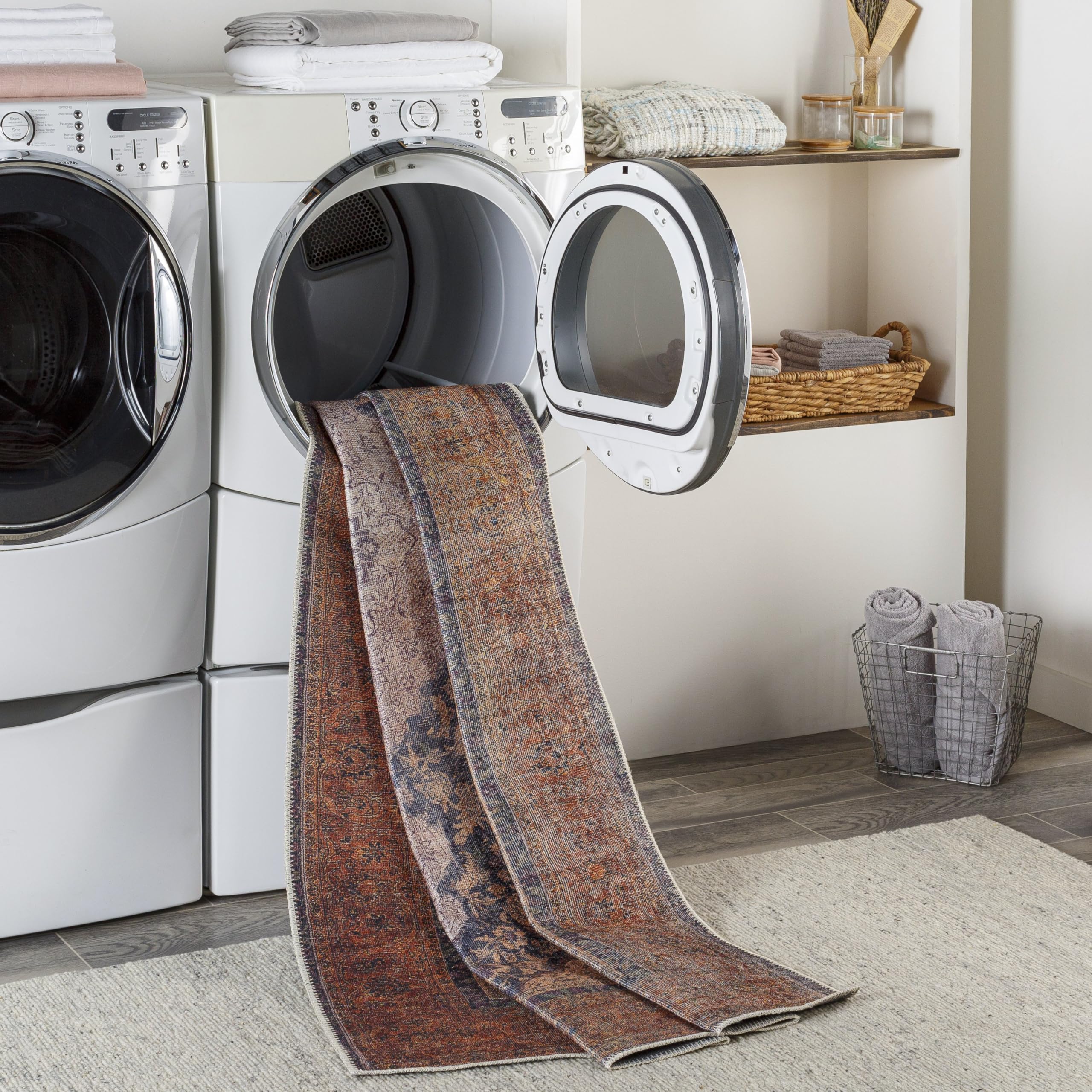 Mark&Day Washable Area Rug 6x9 Feet - Traditional Olterterp Design in Red Brown - Machine Washable Carpet for Living Room, Bedroom, Kitchen - Perfect for High Traffic Areas & Cozy Home Decor (6'7