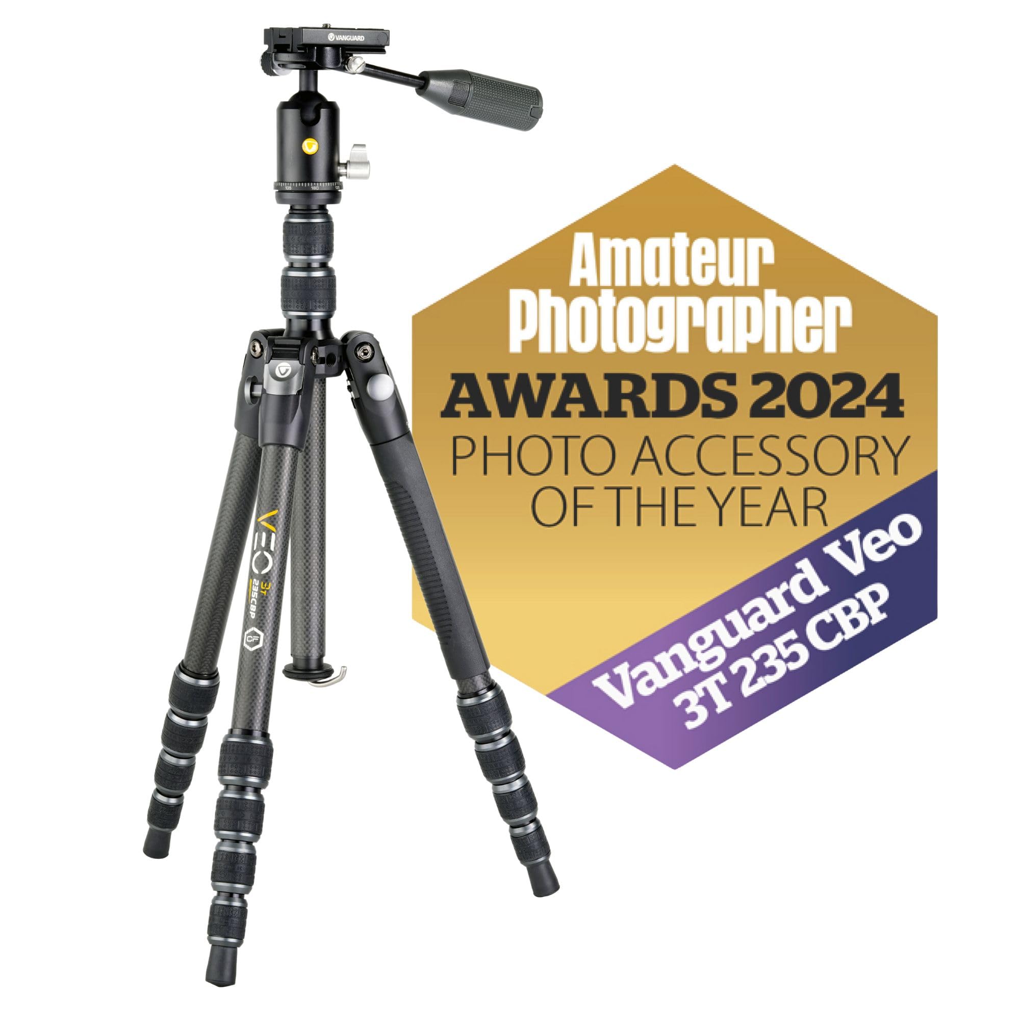Vanguard VEO3T235CBP Carbon Fiber Travel Tripod with Ball Head - Lightweight & Compact for Travel Photography, Vlogging, and Outdoor Adventures - Includes Removable Pan Handle & Quick Shoe with Built-in Smartphone Holder