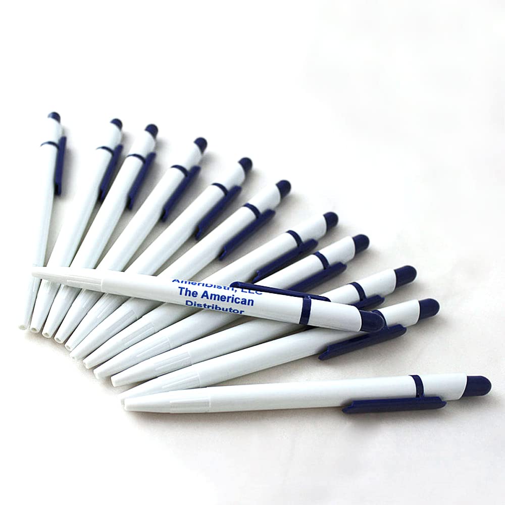 Custom Engraved Navy Blue Clicker Ballpoint Pens - 12 Pack Personalized White Dome Pens for Office, Gifts & Promotions - Free Engraving Included
