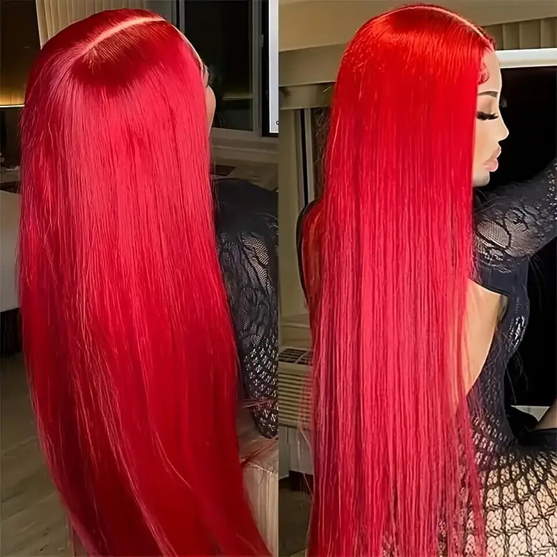 Eullair Nicki Minaj Inspired Red Straight/Body/Deep Wave Human Hair Lace Frontal Wig for Women with Pre-Plucked Hairline - Perfect for Cosplay, Parties & Daily Wear
