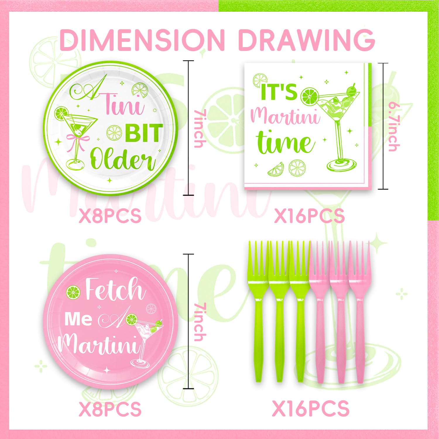 48PCS Pink and Green Martini Birthday Party Supplies - Disposable Plates, Napkins, Forks for 16 Guests - A Tini Bit Older Theme Decorations - Perfect for Cocktail Parties, Bachelorette Celebrations & 21st Birthday Events