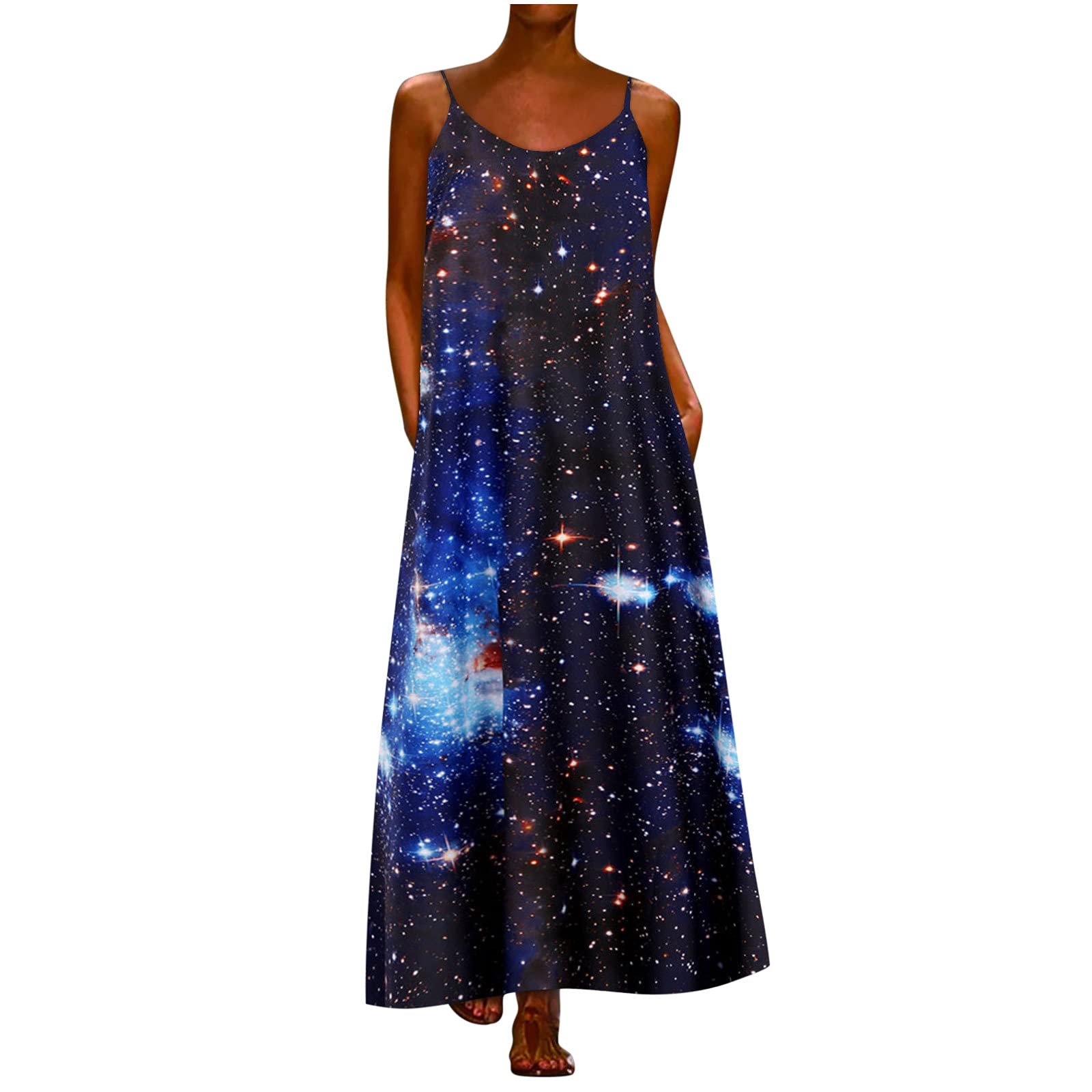 Women's Summer Casual Maxi Dress - Floral Spaghetti Strap Long Dress with Pockets | Flowy Loose Fit for Beach, Vacation & Everyday Wear