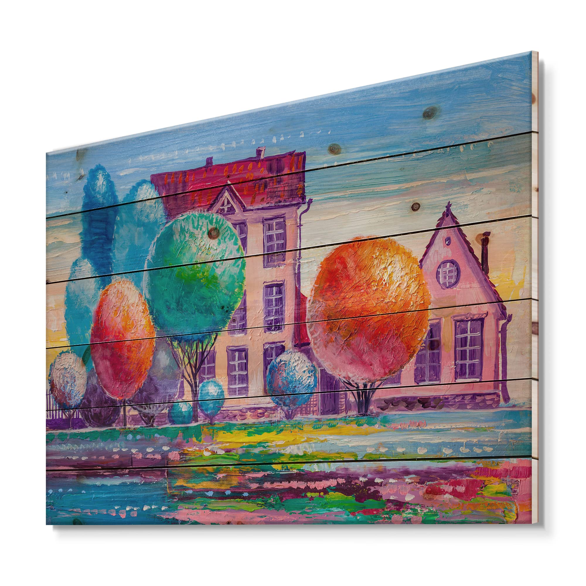 DesignQ Daydream House In The Village Traditional Wood Wall Decor - Red Wood Wall Art, Large Landscape Wood Panels Printed on Natural Pine - Perfect for Living Room, Bedroom & Office Decor