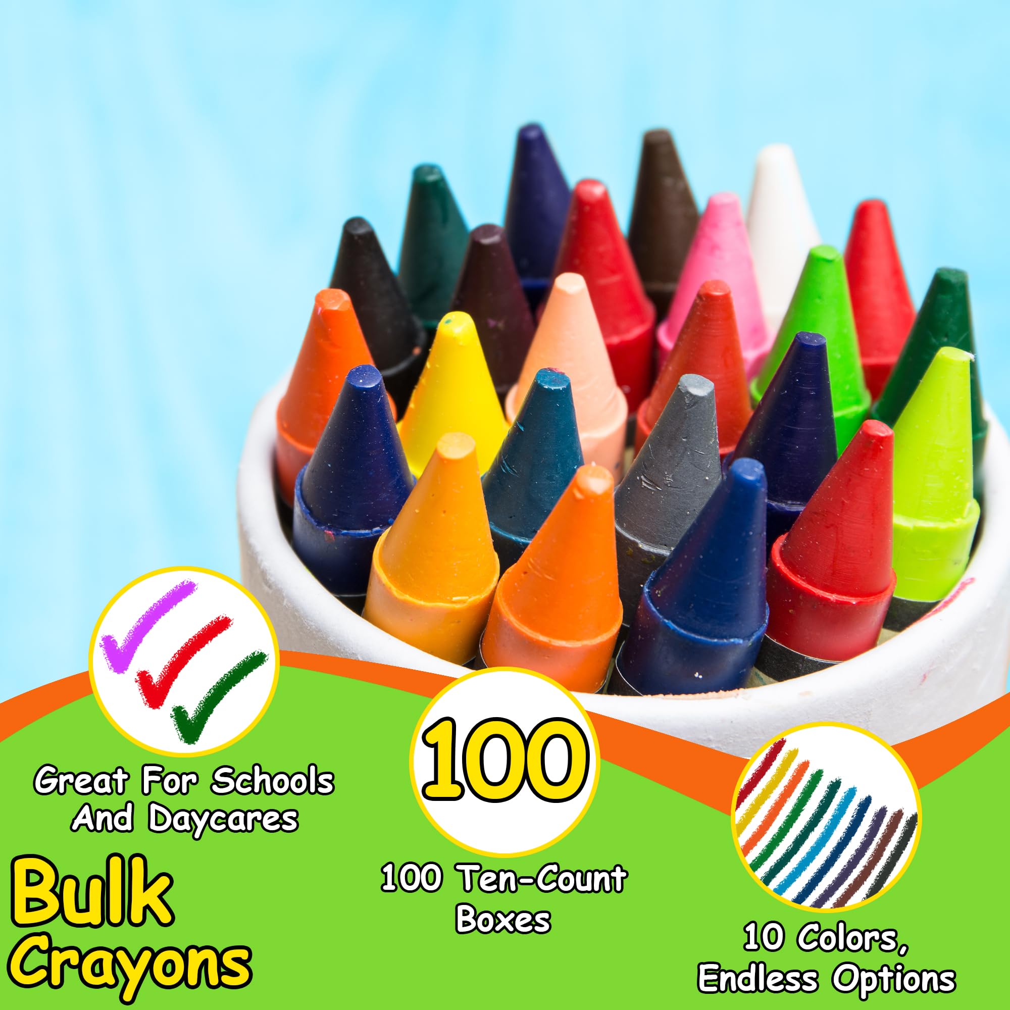 100-Pack Bulk Crayons for Kids - Bright Wax Coloring Crayons (10 Per Box) - Perfect for Classroom Art Supplies, Birthday Party Favors & Kids' Creative Activities