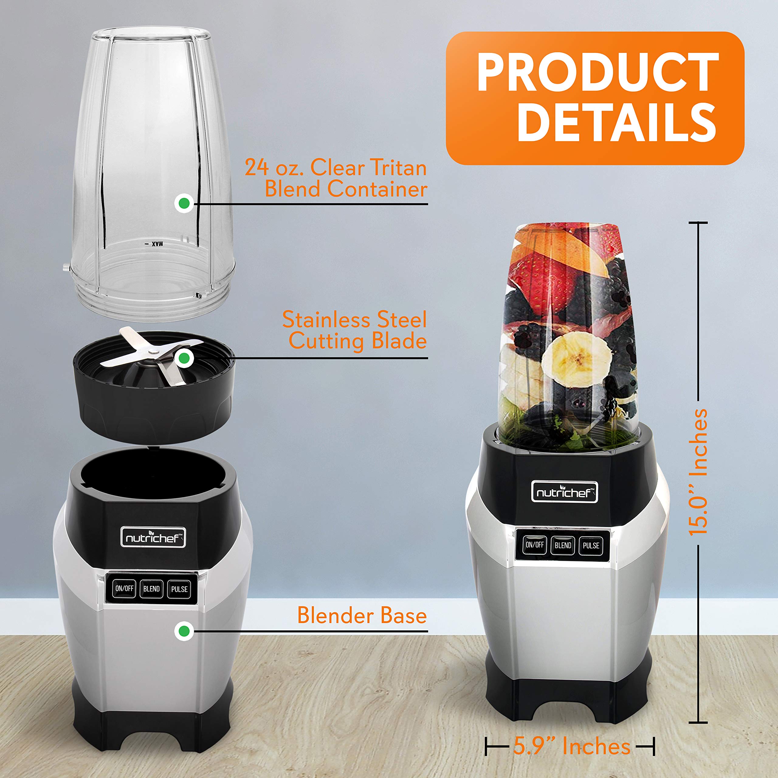 NutriChef NCBL1000.5 Personal Electric Blender - 20 & 24 Oz Portable Single Serve Mini Blender for Smoothies, Shakes & Protein Drinks | Pulse Function, Leak-Proof Lid | Compact Countertop Blender for Kitchen, Office & Travel