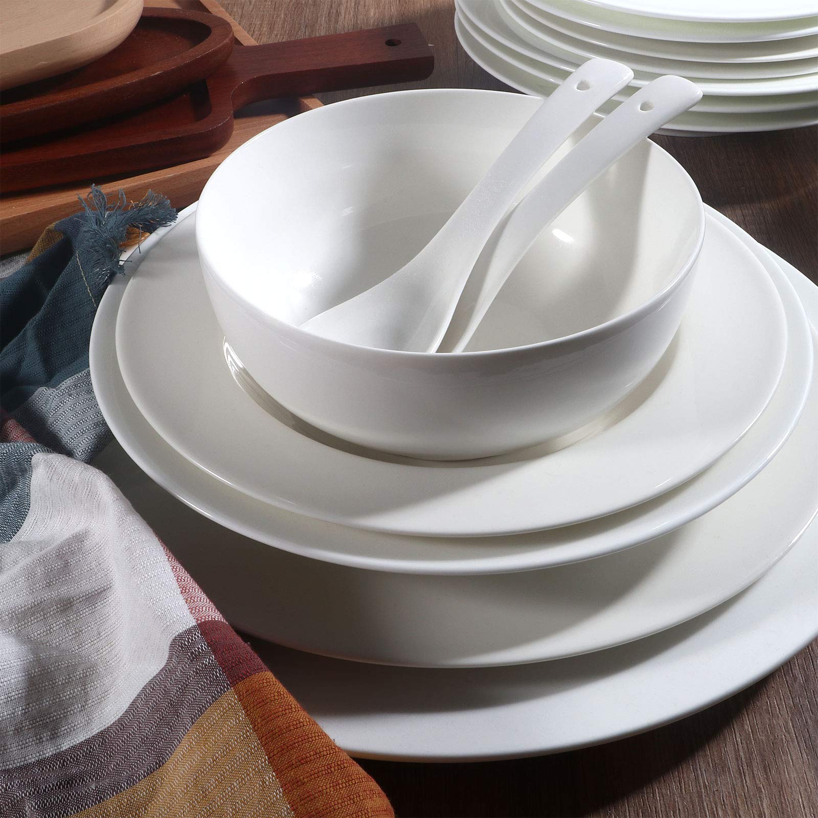Artena 4-Piece Elegant White Pasta Bowl Set & 4-Piece Asian Soup Bowl Set with Spoons - Perfect for Italian Pasta, Asian Noodles, and Family Dining