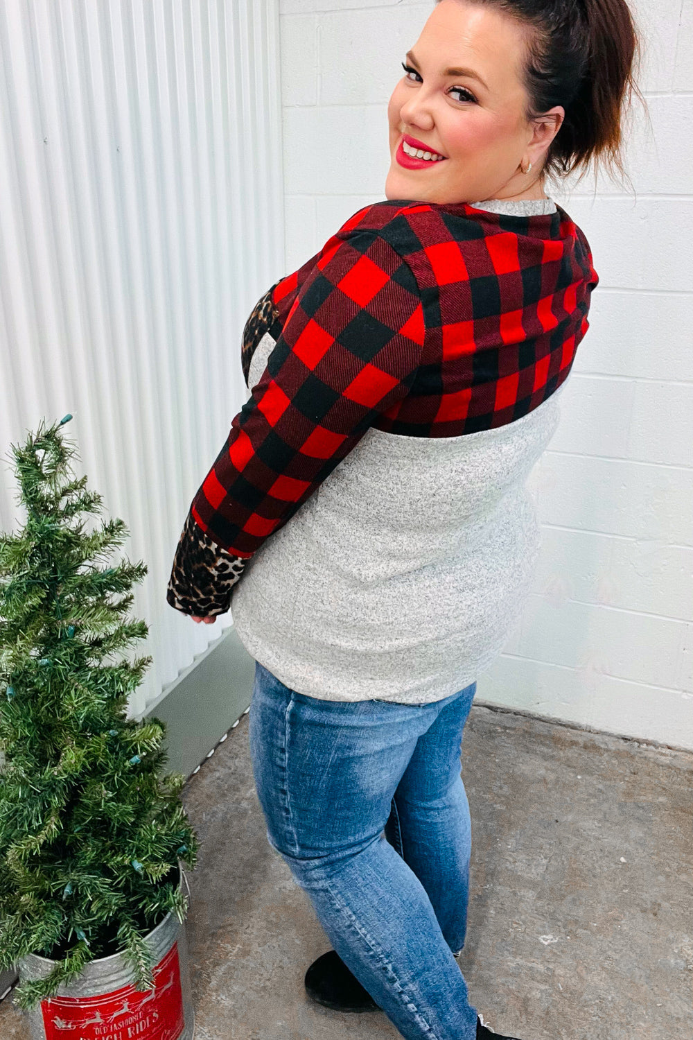 Stylish Grey & Red Plaid Animal Print Women's Top with Pockets - Perfect for Casual Outings, Date Nights, and Office Wear