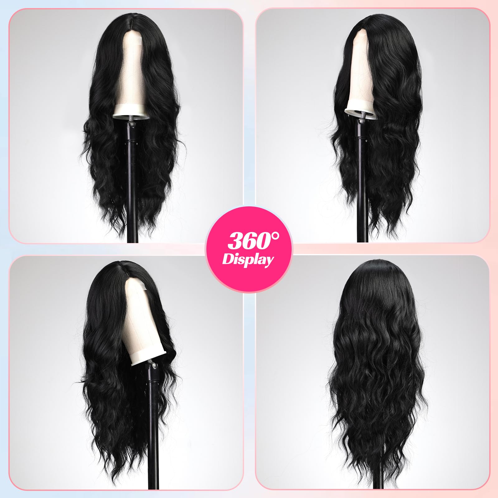 EMMOR 26 Inch Long Black Wavy Lace Front Wig for Women - Heat Resistant Synthetic Curly Wig with Natural Middle Part | Perfect for Daily Wear, Cosplay & Parties