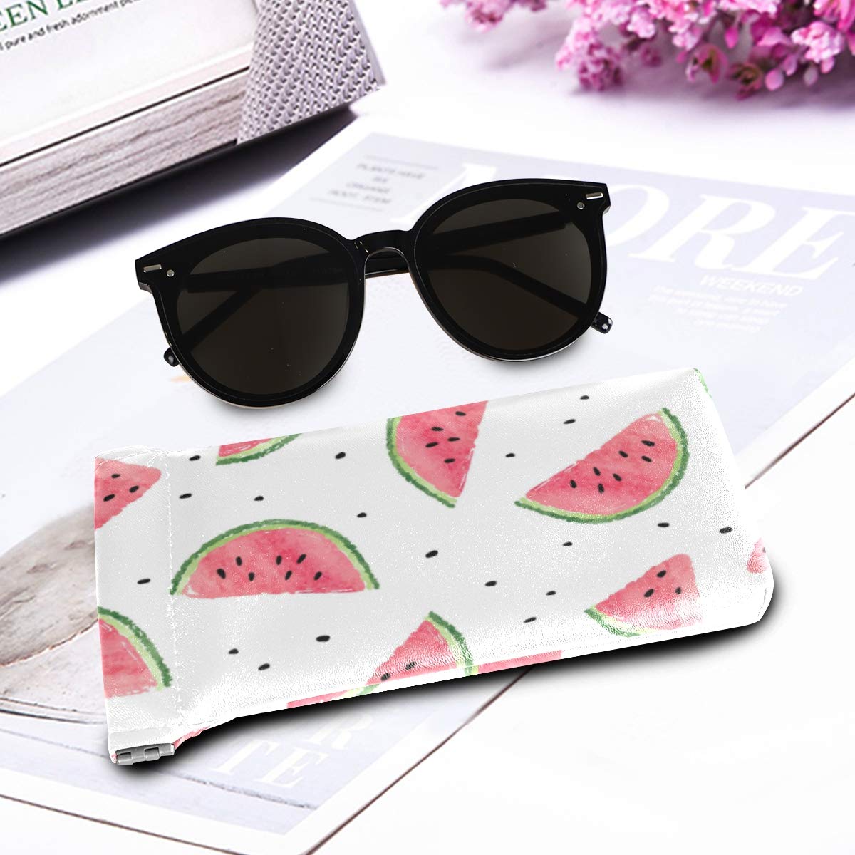 Polka Dot Watermelon Sunglasses Pouch - PU Leather Eyeglasses Case for Women & Men - Portable Travel Glasses Holder for Beach, Car, and Outdoor Activities