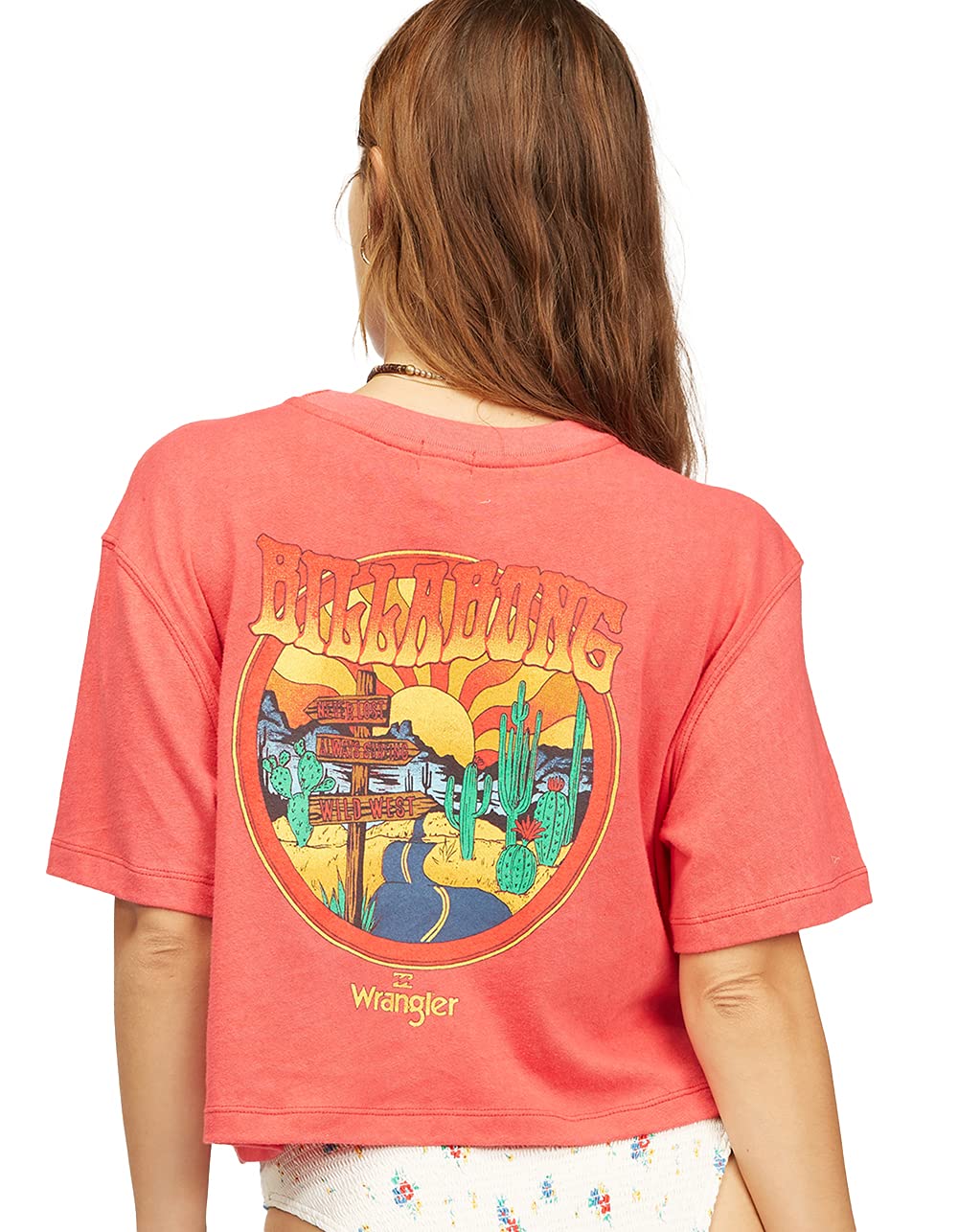 Billabong x Wrangler Women's Made It Red Crop Tee - Vintage Style Short Sleeve T-Shirt for Summer, Beach, and Casual Outfits