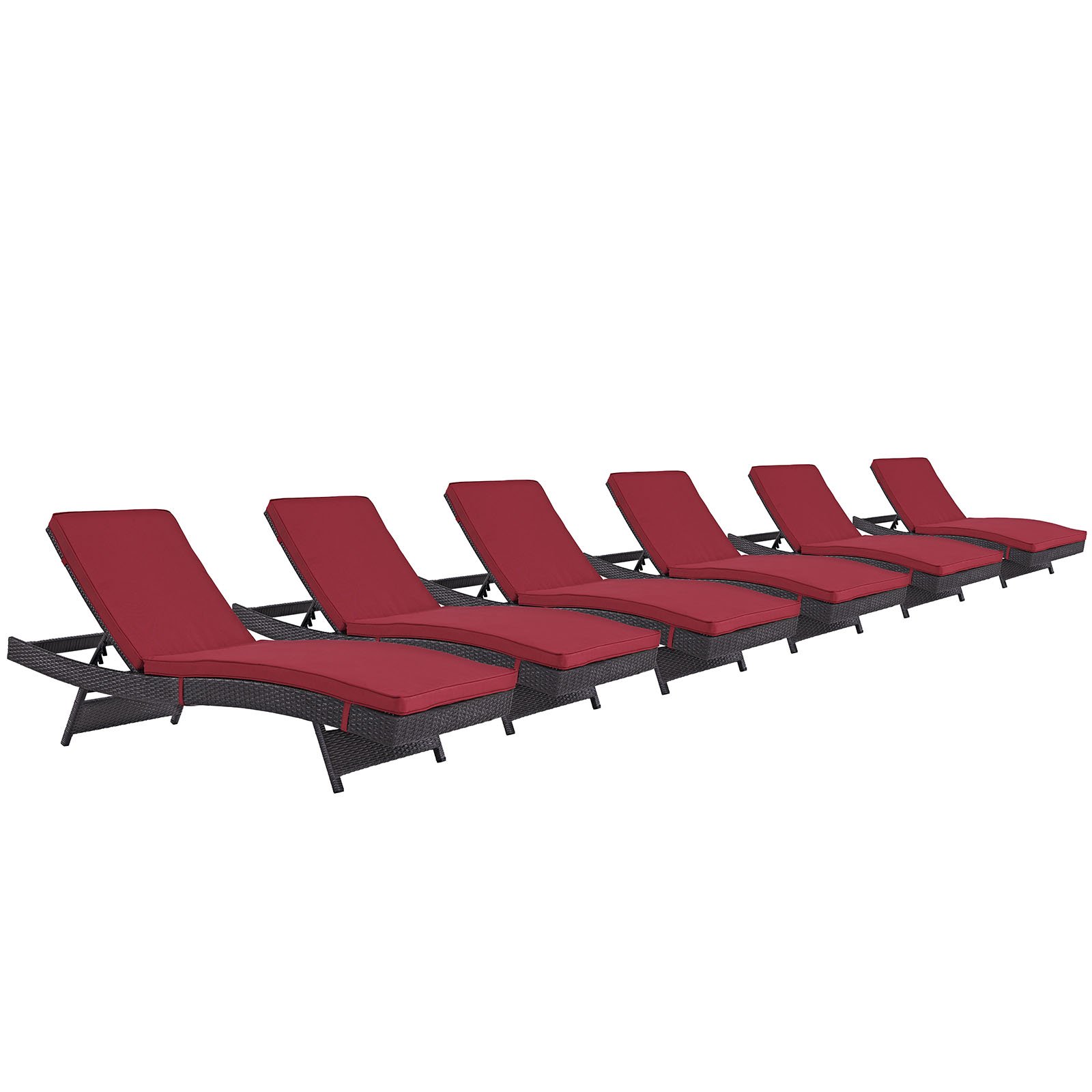 Modway Convene Wicker Rattan Outdoor Patio Chaise Lounge Chairs Set of 6 - Espresso Red Color, Weather-Resistant, Comfortable Sunbathing & Poolside Relaxation for Backyard, Garden, Beach