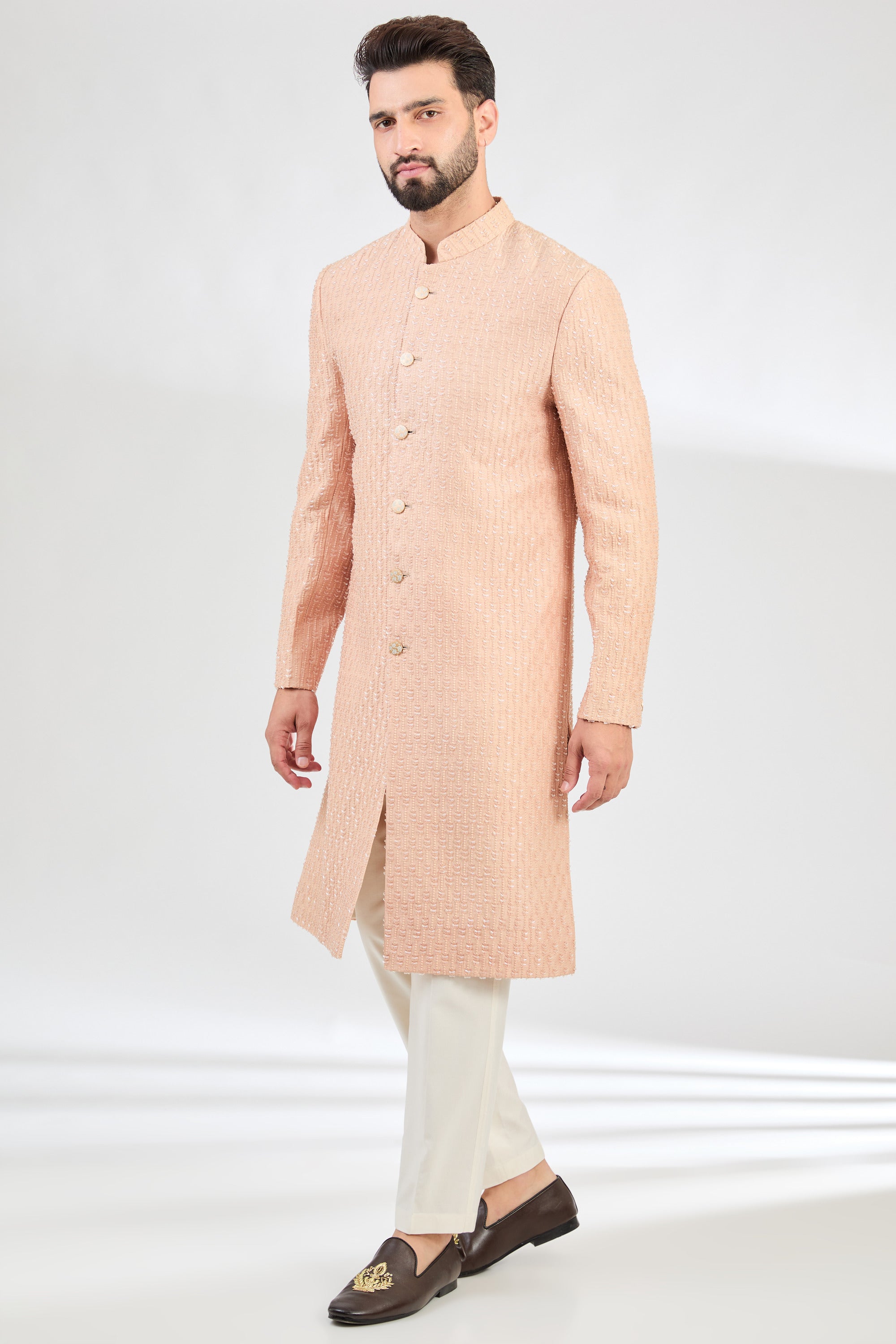 Elegant Light Peach Sherwani with Intricate Cut Dana Embroidery - Perfect for Weddings, Festivals & Special Occasions