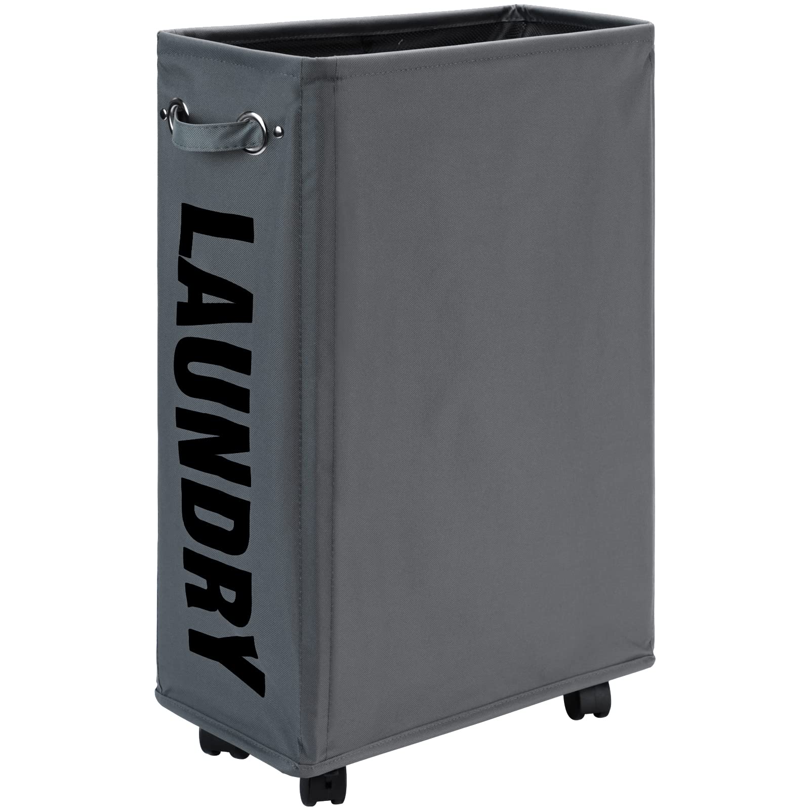 DOKEHOM 25-Inch Slim Rolling Laundry Basket with Wheels - Foldable, Collapsible Hamper for Clothes Storage - Space-Saving Narrow Design for Small Spaces - Perfect for Apartments, Dorms, and Laundry Rooms (Dark Grey)