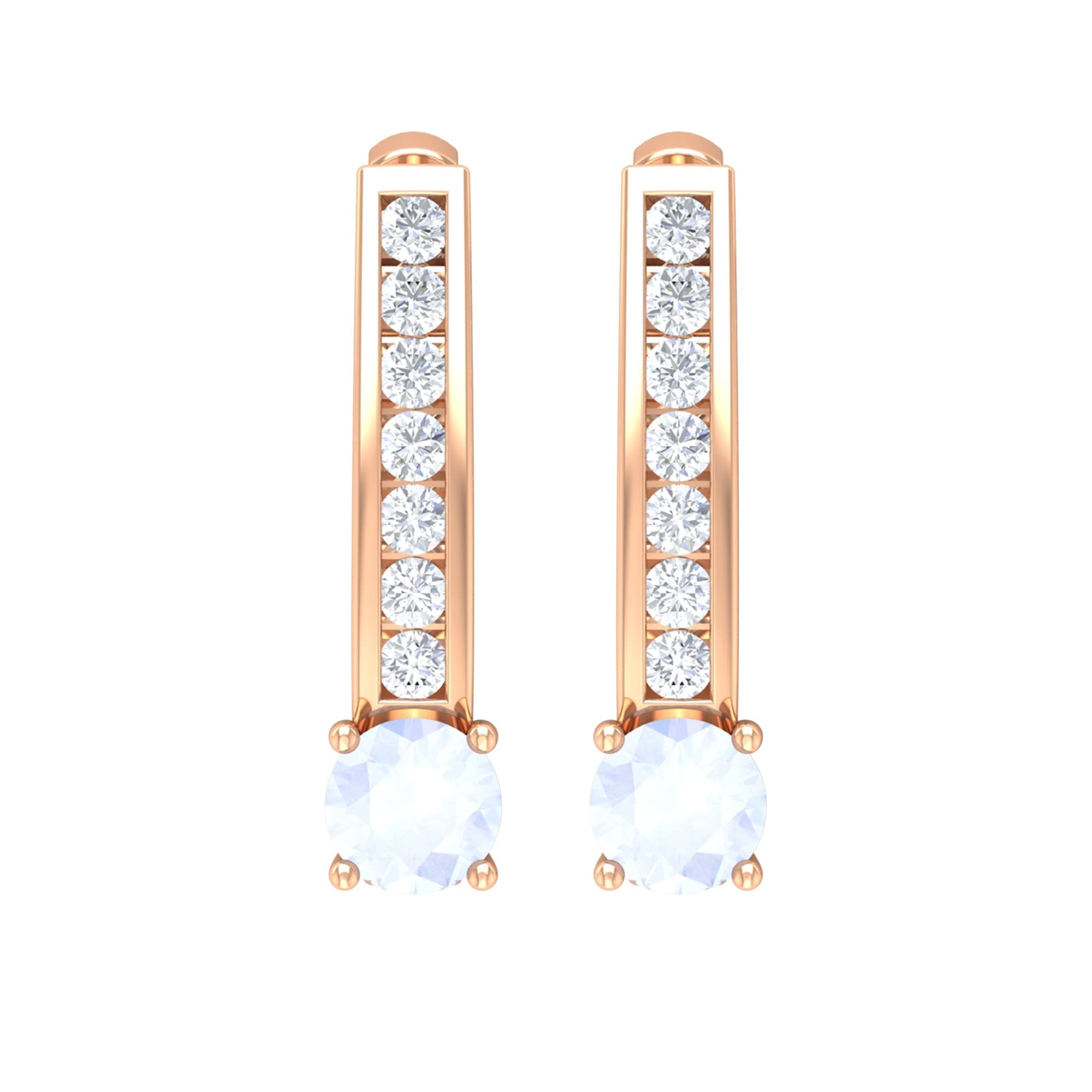1 CT Moonstone and Diamond Hoop Earrings for Women - 14K Solid Gold Classic J Hoop Earrings with Secure Latch Back - Elegant Jewelry for Weddings, Parties & Everyday Wear