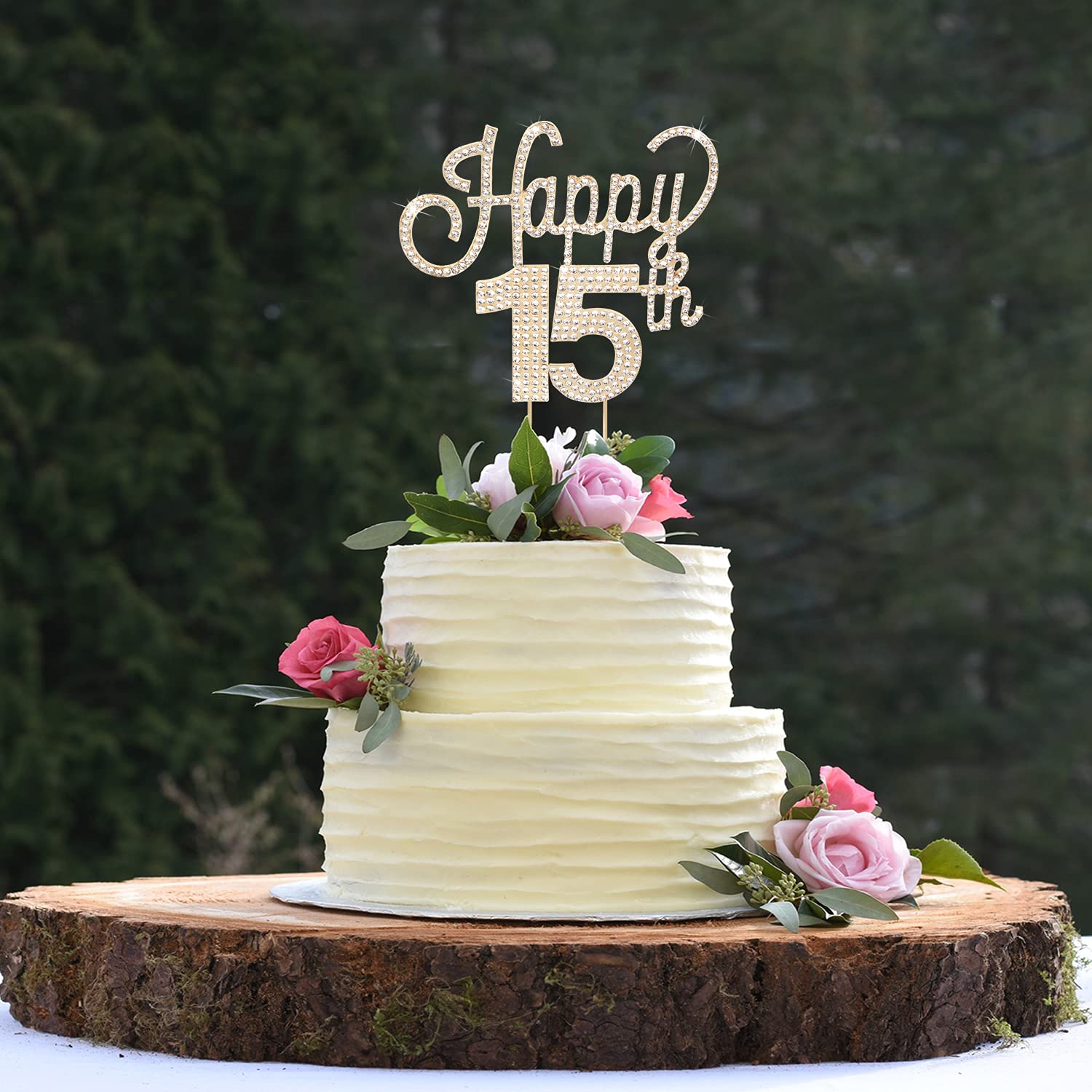 LINGTEER 15th Birthday Cake Topper - Gold Rhinestone Party Decorations for Sweet Sixteen, Anniversary & Milestone Celebrations - Perfect for Cake Centerpieces, Gift Signs & Special Occasions