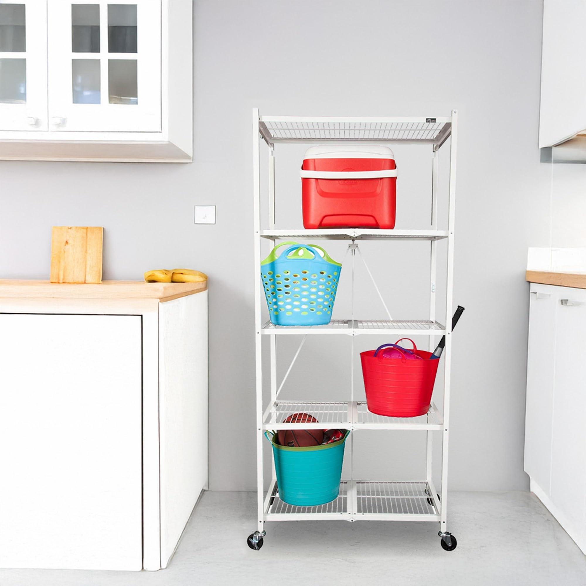 Foldable 5-Tier Storage Shelf with Wheels - No Assembly Needed, White & Multiple Colors - Space-Saving Organizer for Home, Kitchen, Office, Garage & Dorm Room