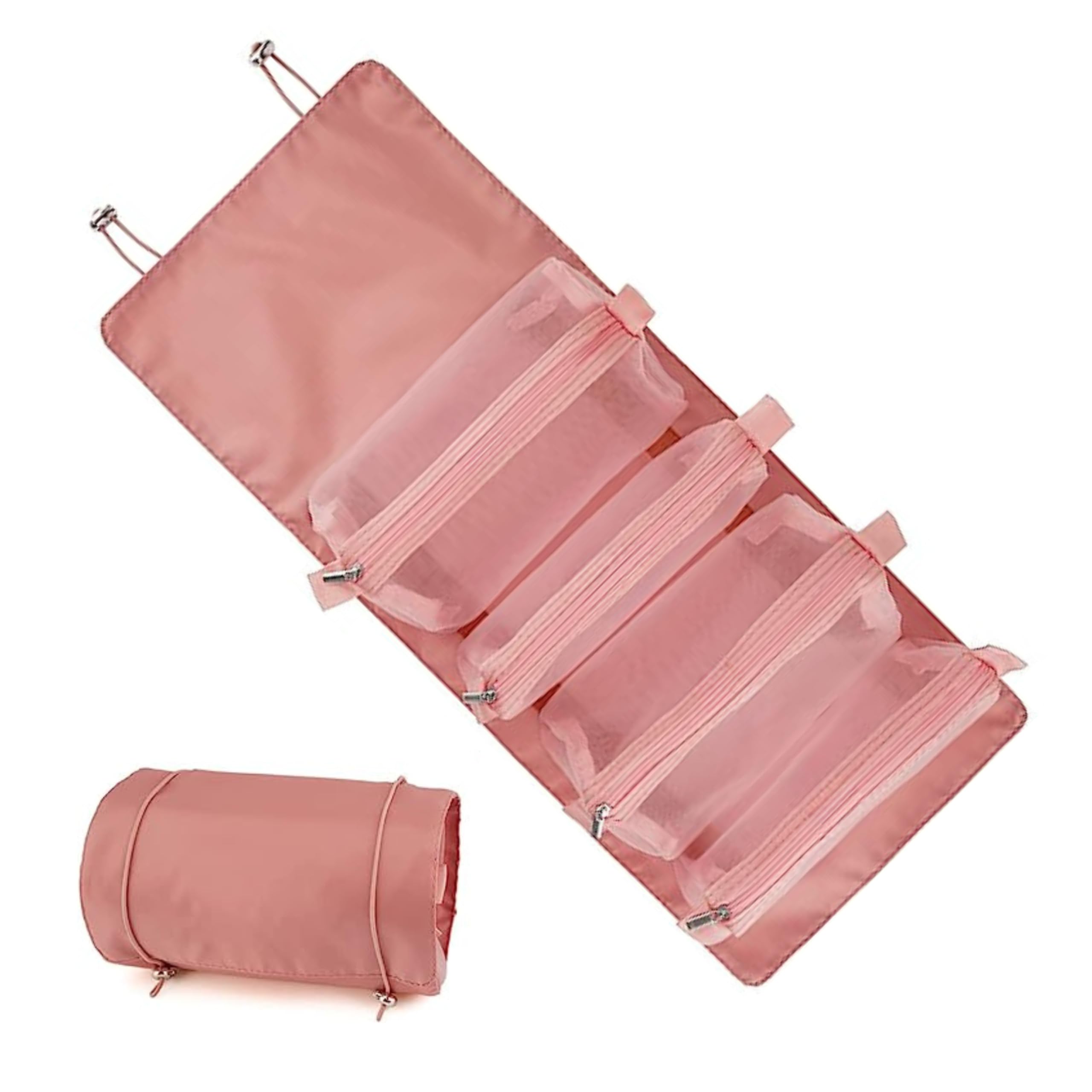 Viraaji Makeup Pouch for Women | Waterproof Travel Cosmetic Bag with 4 Compartments | Foldable Hanging Toiletry Organizer | Detachable Makeup Case (Pink) - Perfect for Travel, Gym & Daily Beauty Storage