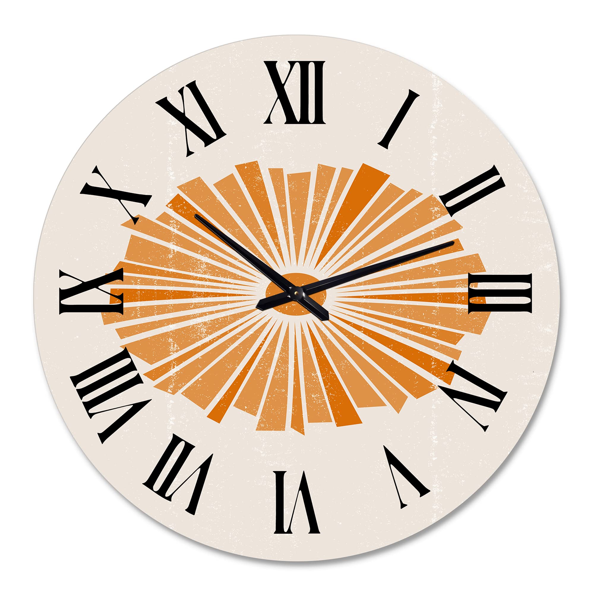 Minimalist Orange Sun Wall Clock - Modern Abstract Fractal Design Large Kitchen Decor - Perfect for Living Room, Bedroom & Office Spaces