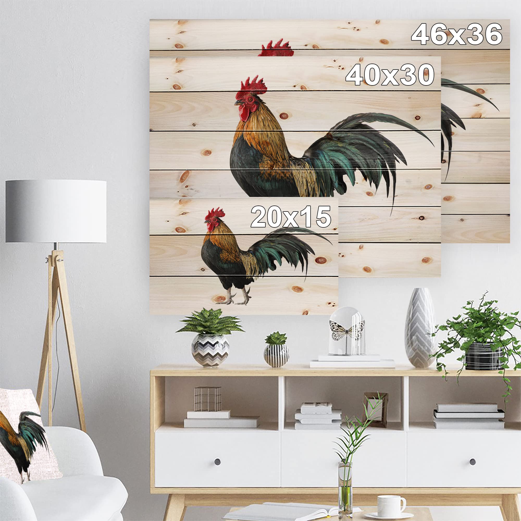 Chicken Rooster Traditional Wood Wall Decor - White Wood Wall Art for Farmhouse & Rustic Home Decor - Large Animal Wood Panels Printed on Natural Pine Wood - Perfect for Living Room, Kitchen & Country Style Interiors