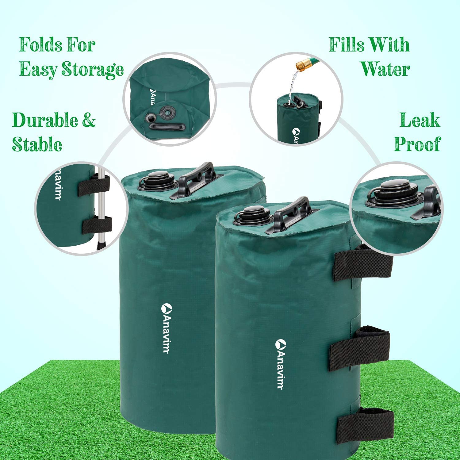 Canopy Water Weights Bags - Heavy Duty 6 Pack (Green) for Stabilizing Canopies, Tripods, Speaker Stands & Tents | Perfect for Outdoor Events, Camping, Tailgating & Beach Use