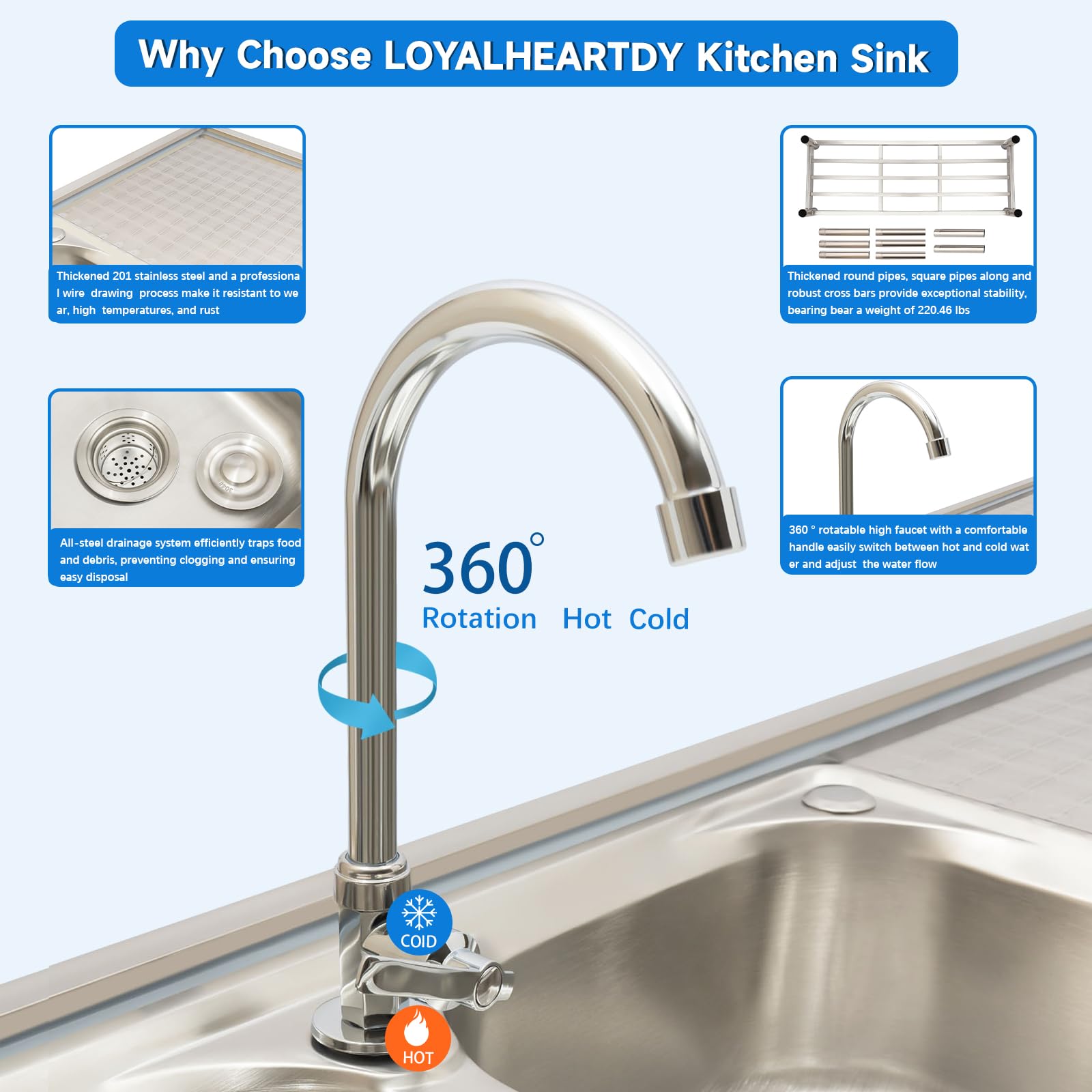 Commercial Stainless Steel Kitchen Sink Set with Double Bowls - Spacious Restaurant-Grade Sink Kit for Professional Kitchens, Food Trucks & Outdoor Cooking Areas