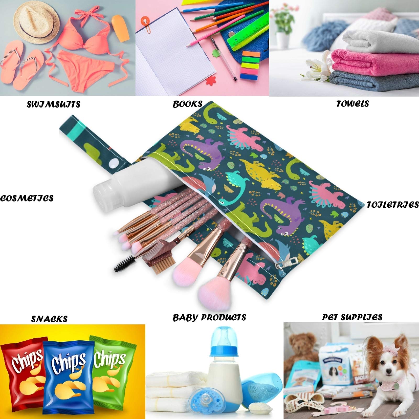 Visesunny 2-Pack Colorful Dinosaur Wet Bags with Zipper Pockets - Reusable & Washable Waterproof Organizer for Baby Diapers, Swimsuits, Gym Clothes - Perfect for Travel, Beach, Pool, Daycare, Stroller & Toiletries Storage