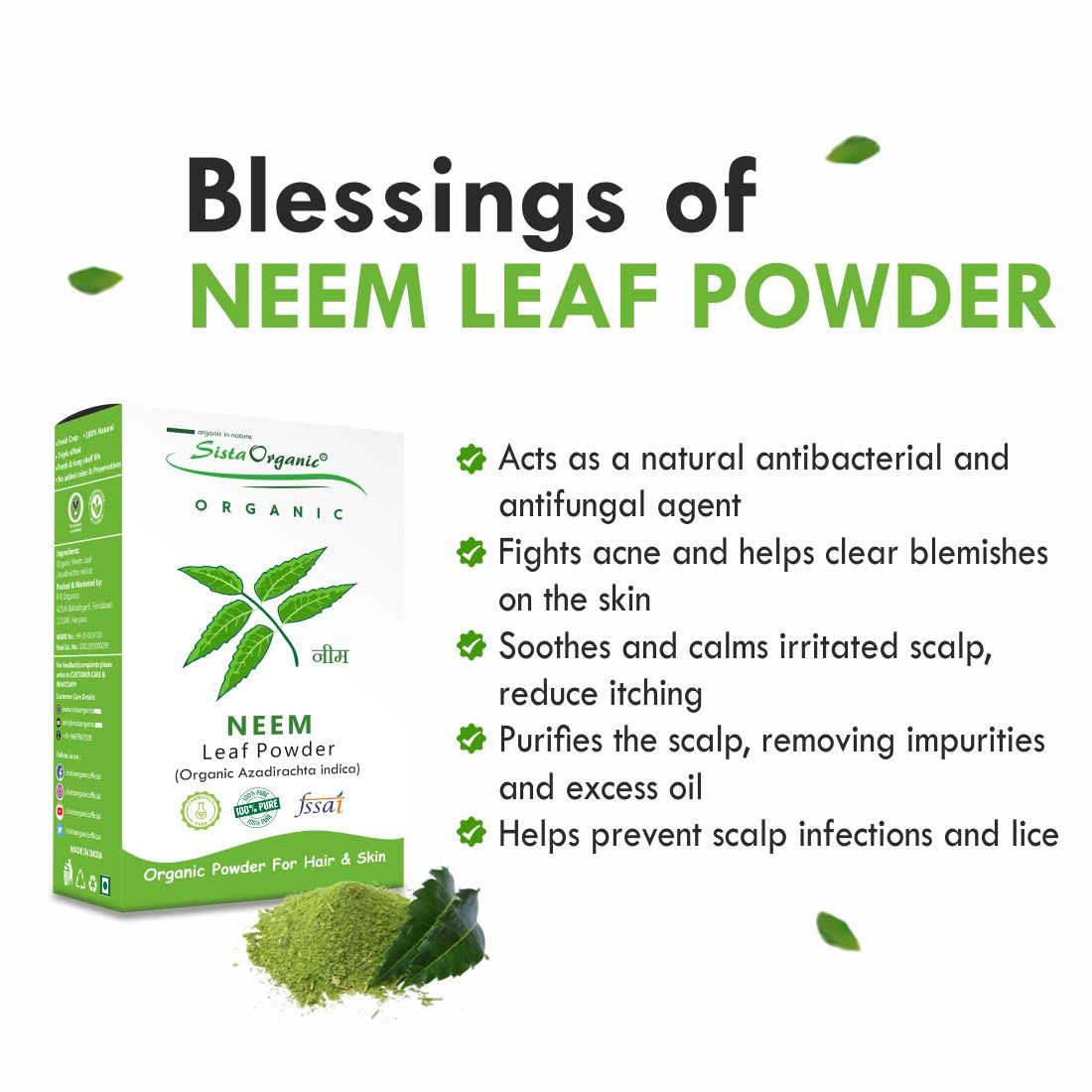 Organic Neem Powder for Clear Skin & Hair Care - Pimple-Free & Natural