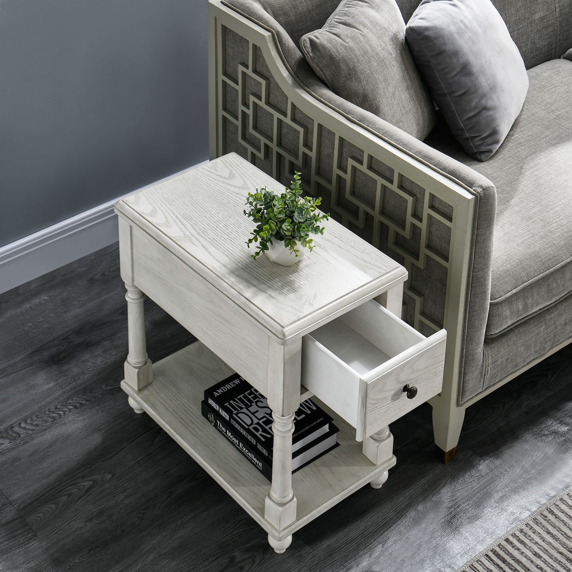 Solid Wood Narrow End Table with Drawer - Slim Sofa Side Table with Storage Shelves & Easy Assembly (22