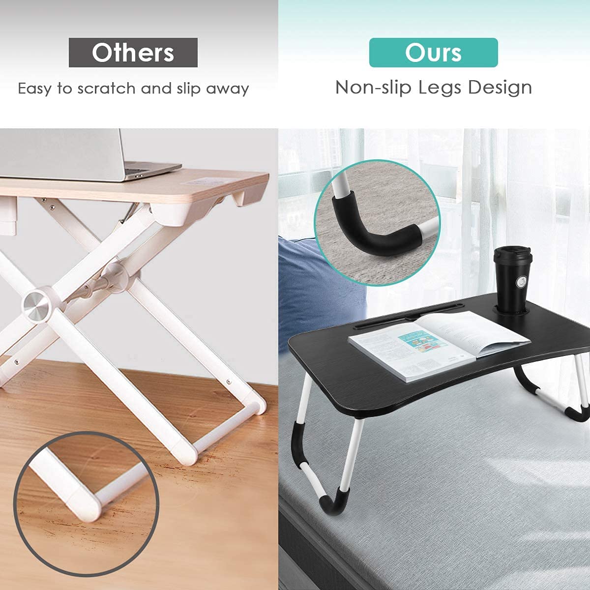 Portable Adjustable Laptop Desk Stand - Foldable Bed Tray Table with Cup Holder for Notebook, Breakfast, Reading & Watching Movies - Perfect for Home Office, Dorm Room, Sofa & Bed Use (Black)