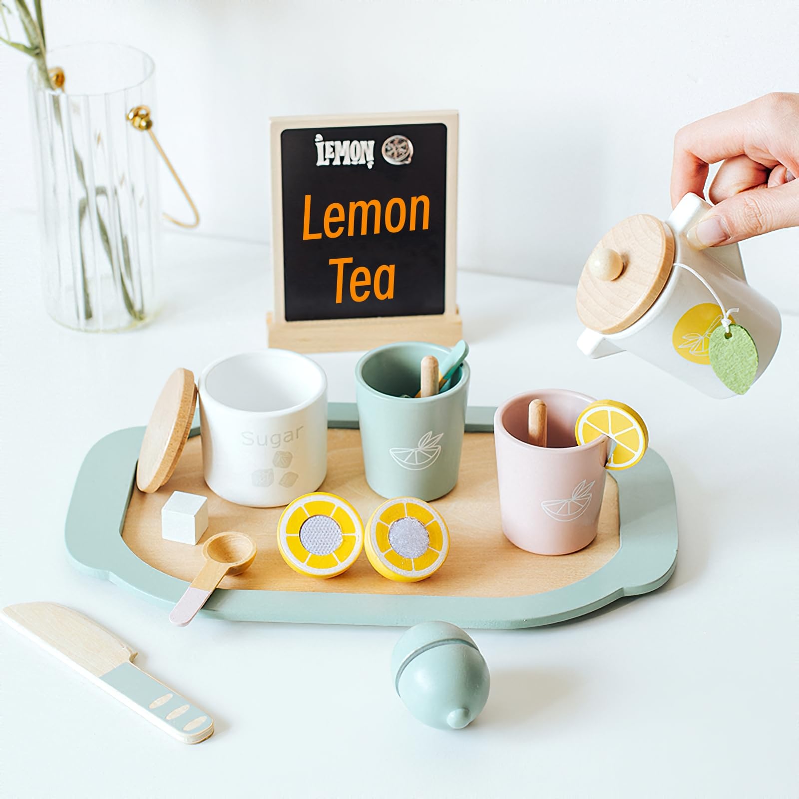 Wooden Tea Party Set for Kids - Pretend Play Toy Tea Set for Toddlers & Little Girls, Wooden Play Food & Kitchen Accessories (Lemon Tea) - Perfect for Birthday Gifts, Pretend Playtime & Early Learning Activities