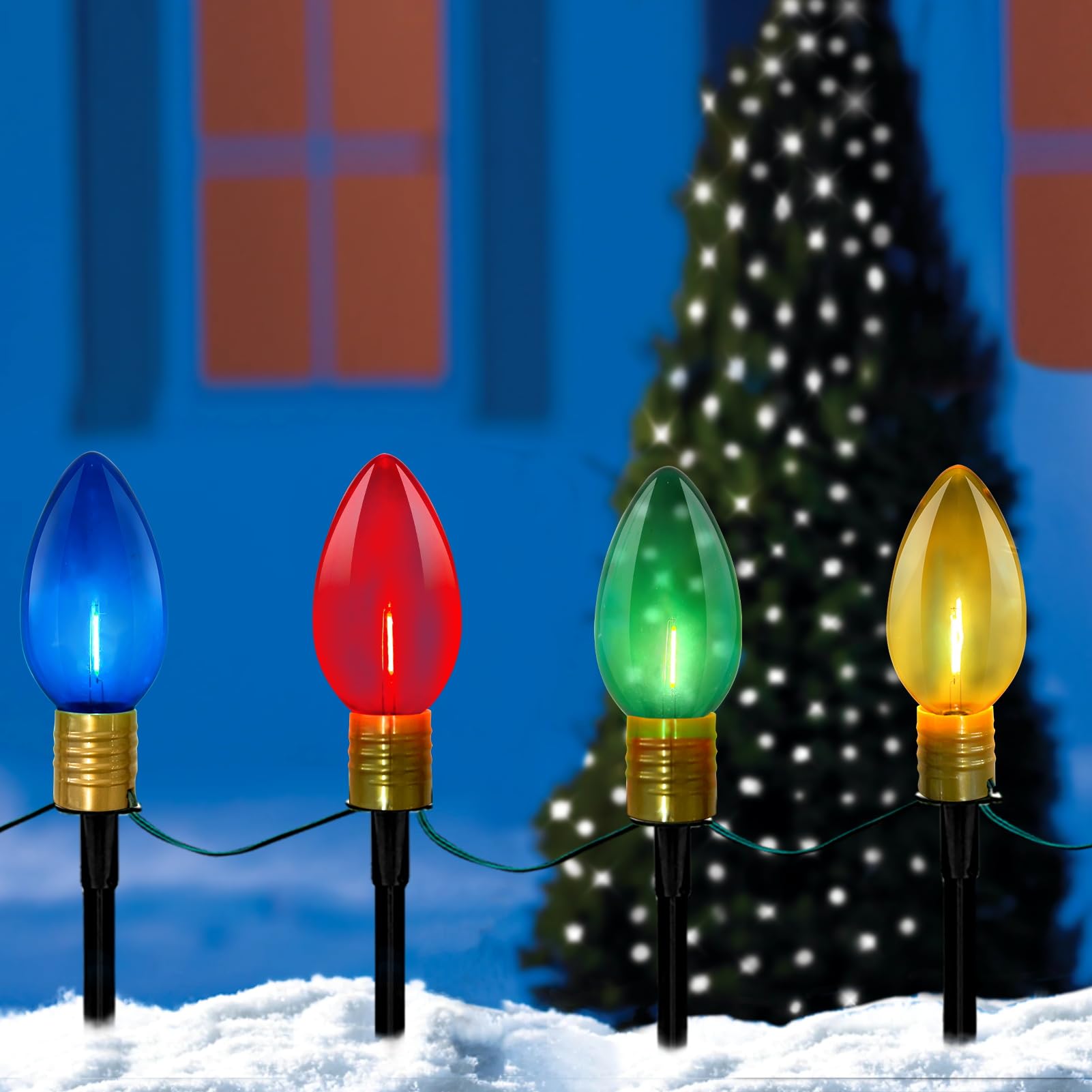 C9 LED Christmas Pathway Lights 7Ft Multicolor Outdoor Walkway Lights - 4 Colorful Clear Bulbs, Connectable Holiday Decoration with Green Wire | Perfect for Driveways, Gardens, and Commercial Christmas Displays