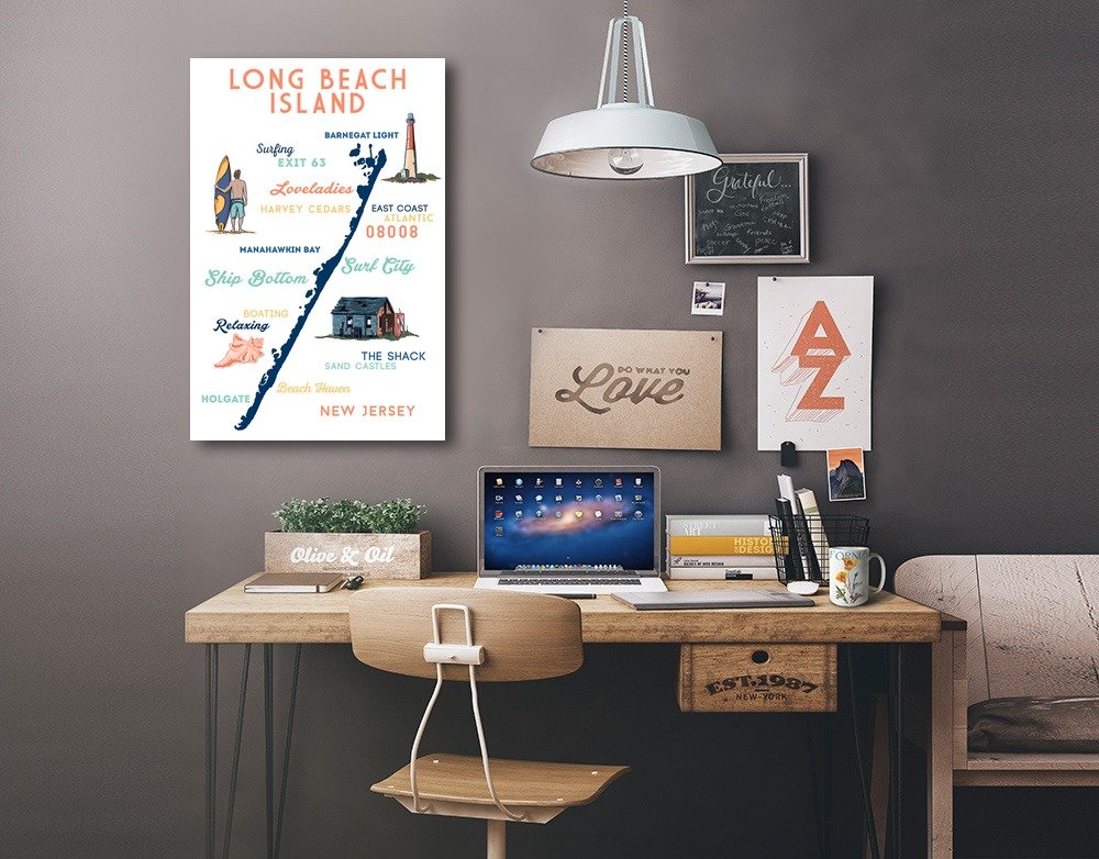 Lantern Press Long Beach Island New Jersey Typography & Icons Wall Art - 16x24 Wrapped Canvas Print for Coastal Home Decor, Beach House Living Room & Office Wall Decor