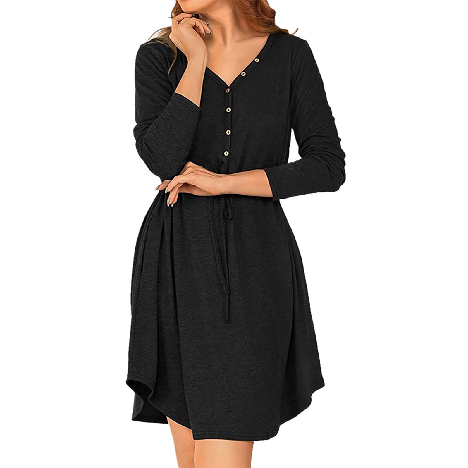 Women's Floral Knit Tunic Dress - Long Sleeve V-Neck Solid Color Casual Fall Dress for Autumn Outfits | Perfect for Work, Date Night & Weekend Brunch