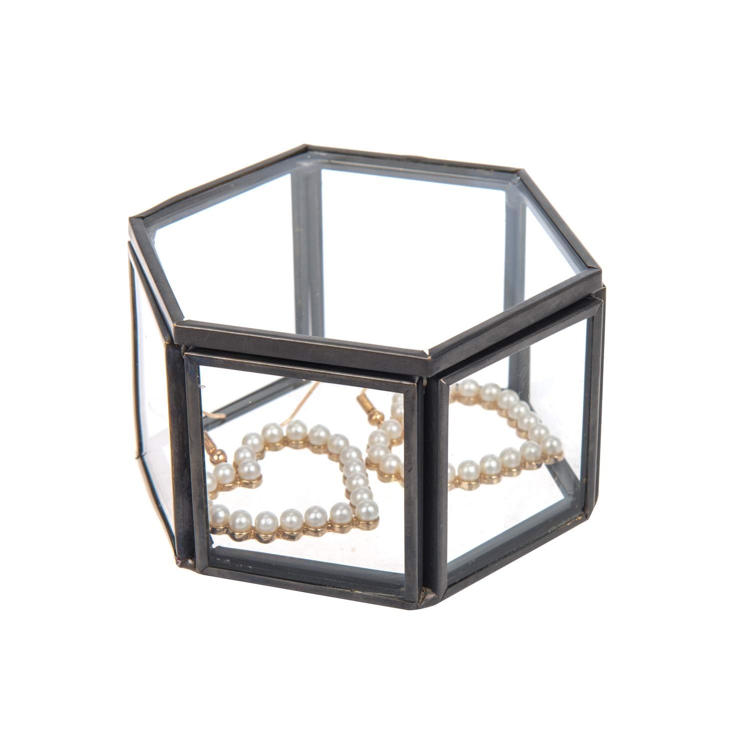Vintage Glass Jewelry Box - Small Ornate Trinket Chest with Crystal Holder for Rings, Earrings & Keepsakes | Elegant Display Organizer for Women & Girls | Perfect for Home Decor, Dresser Top & Gift Giving (Black)
