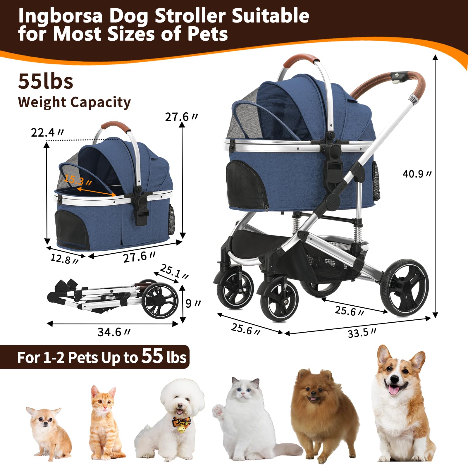 Premium 3-in-1 Folding Lightweight Pet Stroller with Detachable Carrier & Storage Basket - 4-Wheel Travel Stroller for Dogs, Puppies & Cats (Dark Blue) - Perfect for Vet Visits, Outdoor Walks & Shopping Trips