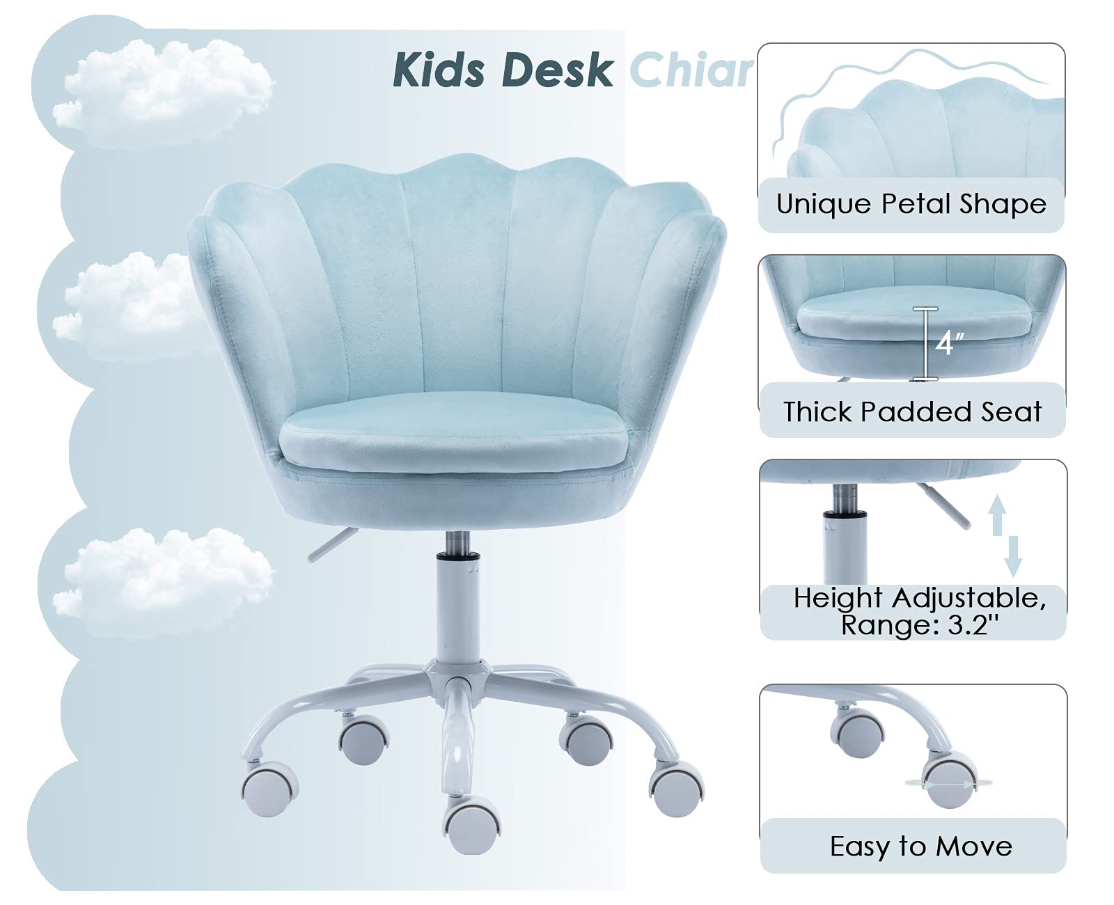 CIMOTA Adjustable Velvet Kids Desk Chair - Light Blue Swivel Shell Vanity Chair for Girls Bedroom & Study Room | Ergonomic Computer Chair for Children | Perfect for Homework, Gaming & Reading