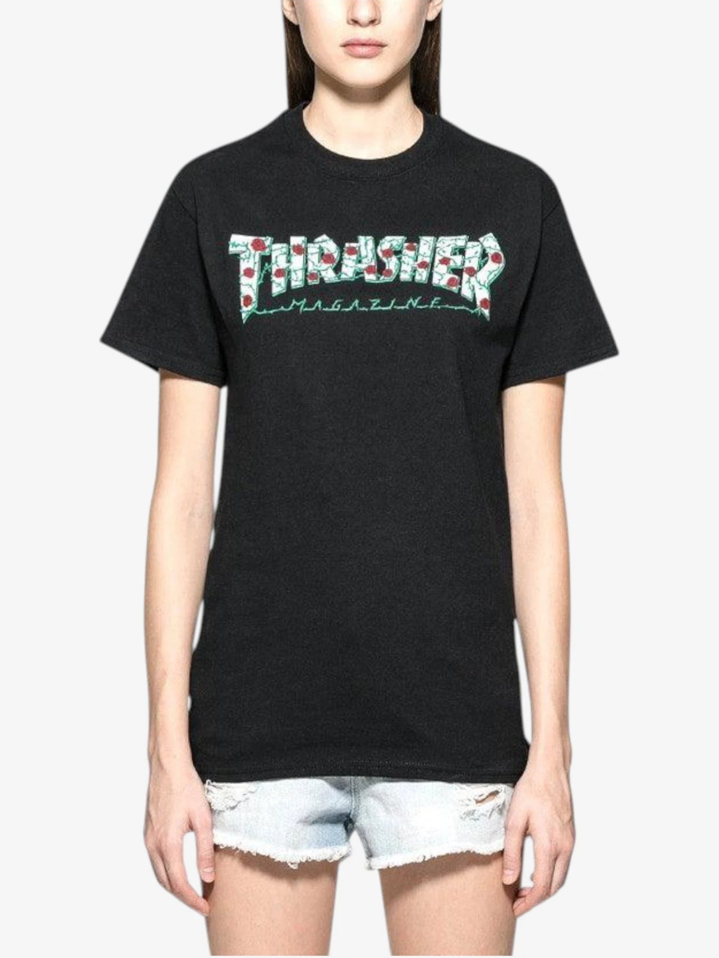 Thrasher Roses Women's T-Shirt - Black & White Graphic Tee for Skateboarding, Streetwear & Casual Outfits