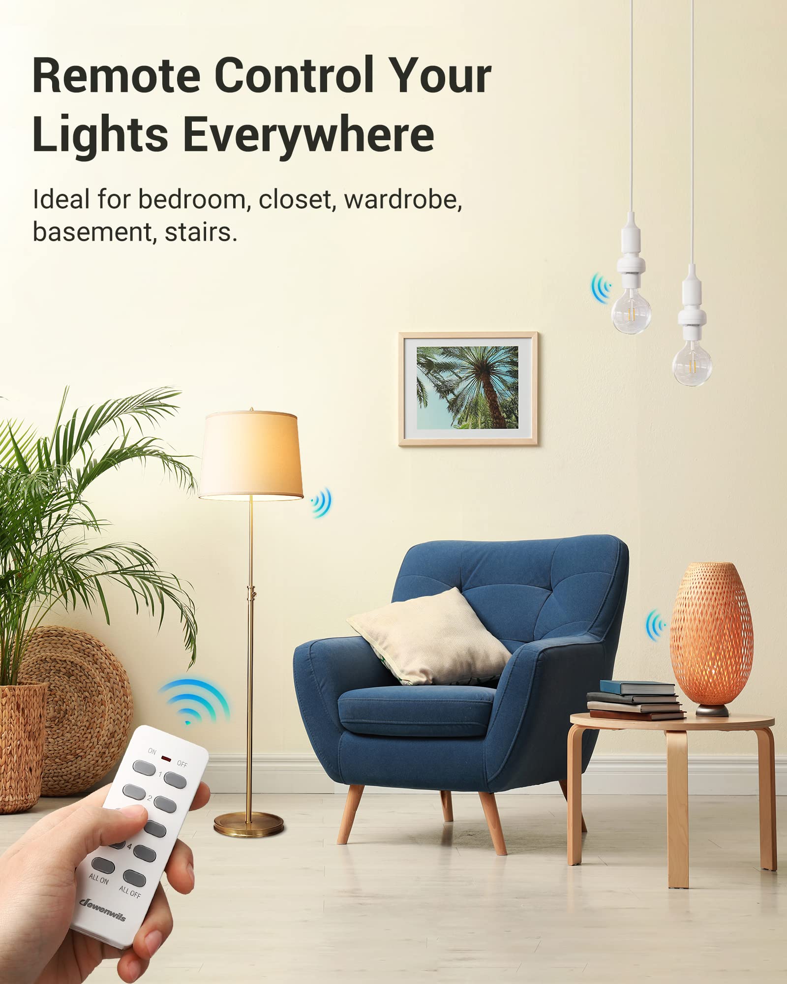 DEWENWILS Wireless Remote Control Light Bulb Socket Kit - E26/E27 Base, No Wiring Required, ETL Certified (1 Remote & 3 Sockets) - Perfect for Bedroom, Living Room & Pull Chain Light Fixtures