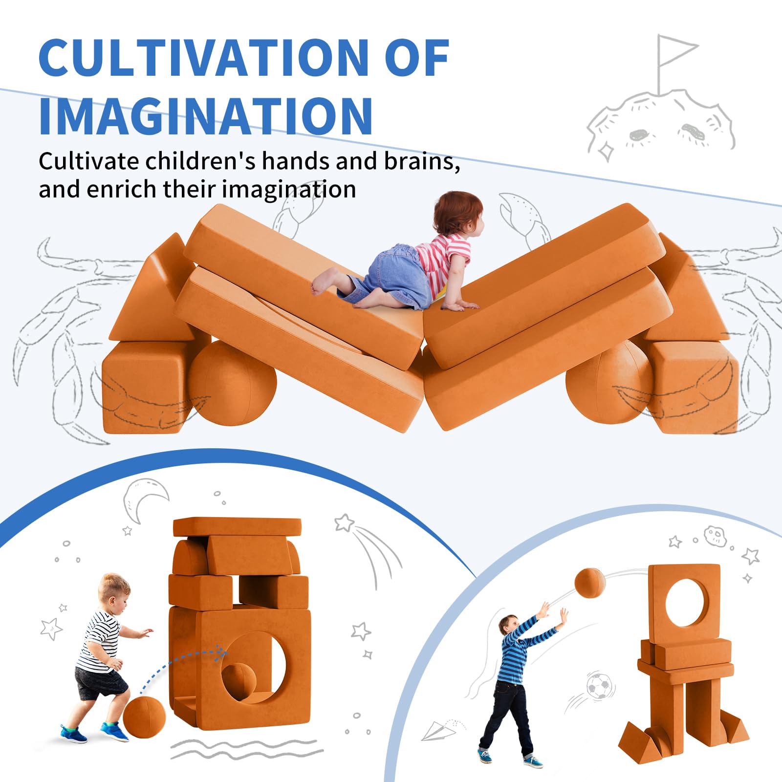 Wanan Kids Couch - 12 Piece Modular Toddler Sofa Set with 2 Balls & Play Tunnel, Light Brown Playroom Furniture for Creative Games, Kickball & Pitching | Perfect for Indoor Play, Birthday Gifts & Daycare Centers