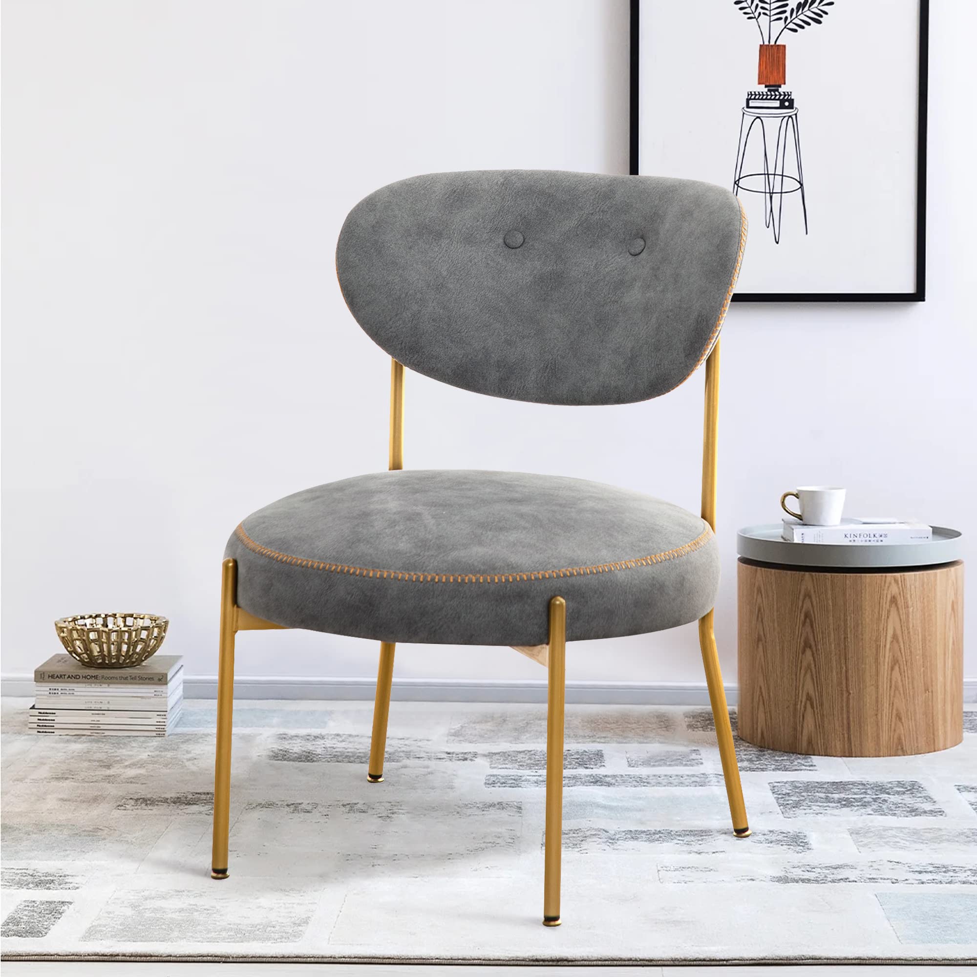 SHINEBOOM Modern Accent Chair with Golden Legs - Upholstered Round Club Chair for Living Room, Bedroom & Office - Comfortable Armless Lounge Chair for Reading & Relaxing - Grey